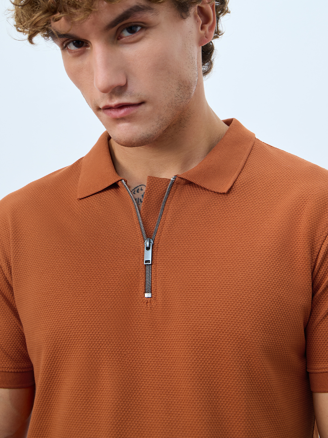 Men Burnt Orange Zip Polo T-Shirt