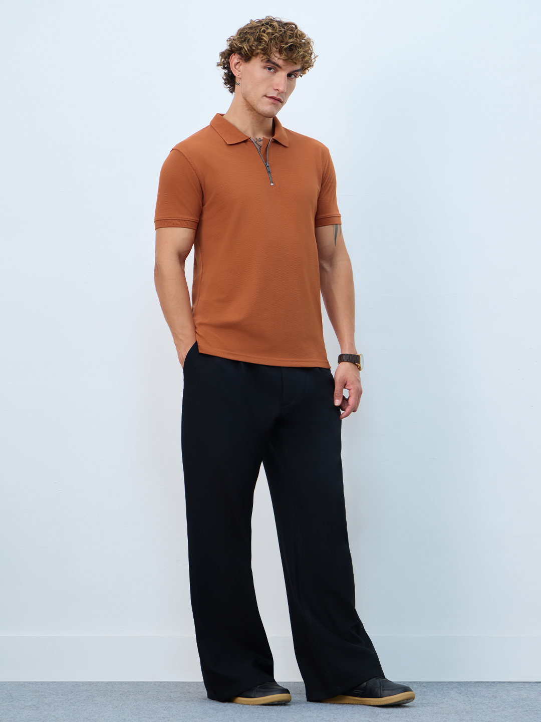 Men Burnt Orange Zip Polo T-Shirt