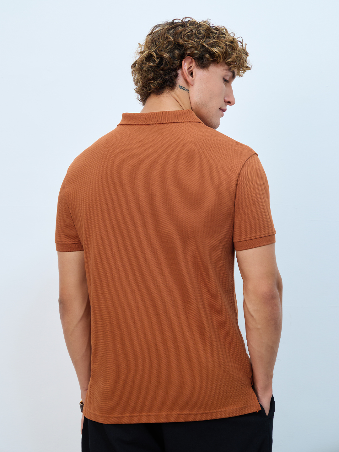 Men Burnt Orange Zip Polo T-Shirt