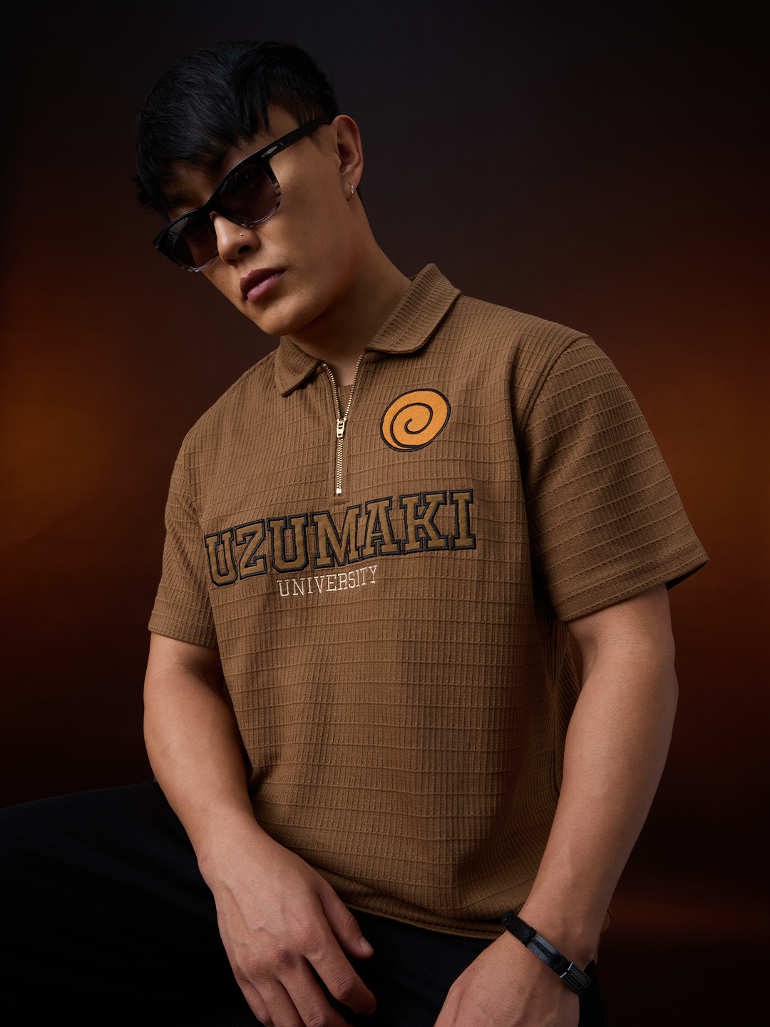 Men Embroidered Uzumaki University Polo T-Shirt with Zip