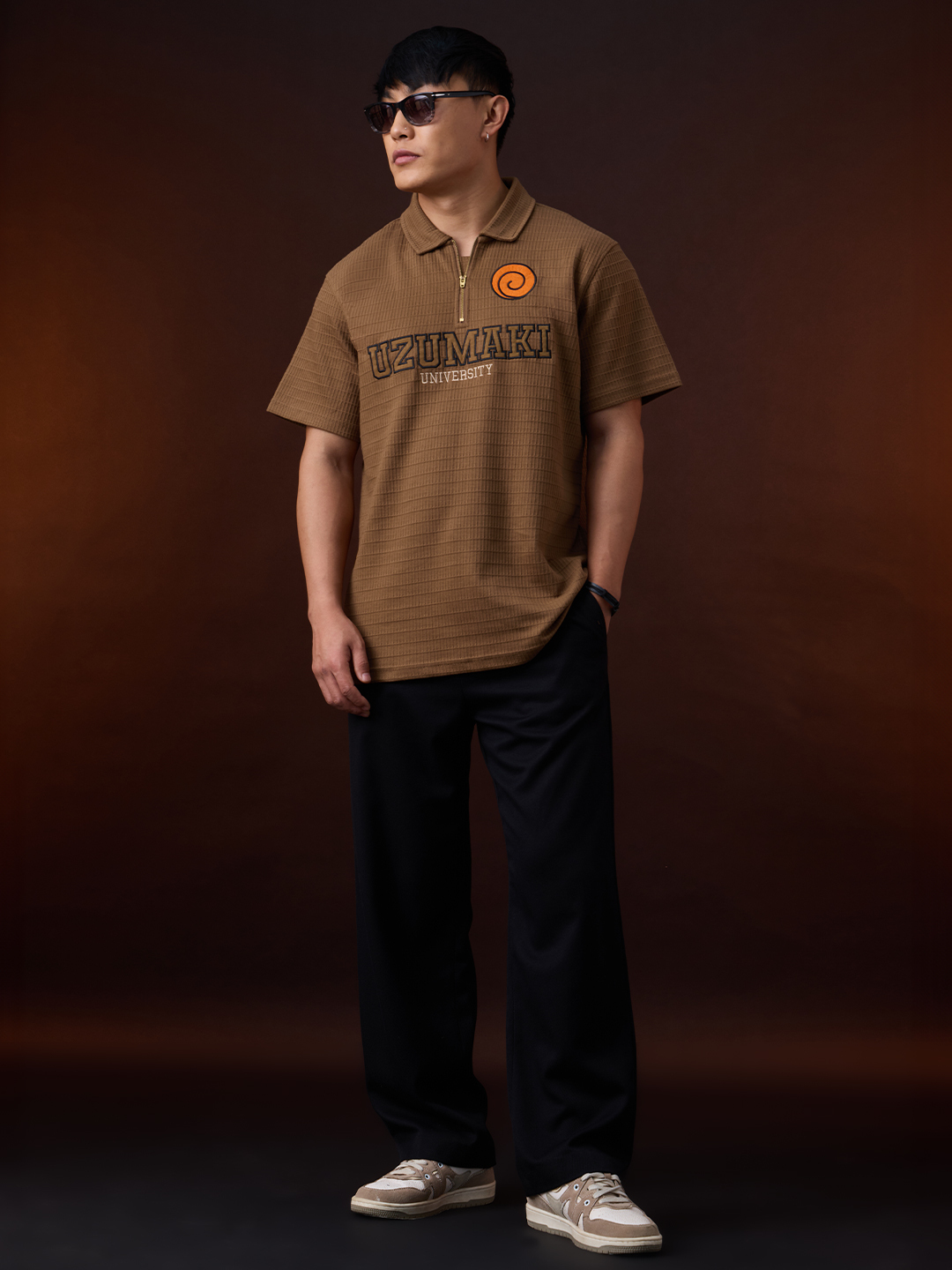 Men Embroidered Uzumaki University Polo T-Shirt with Zip