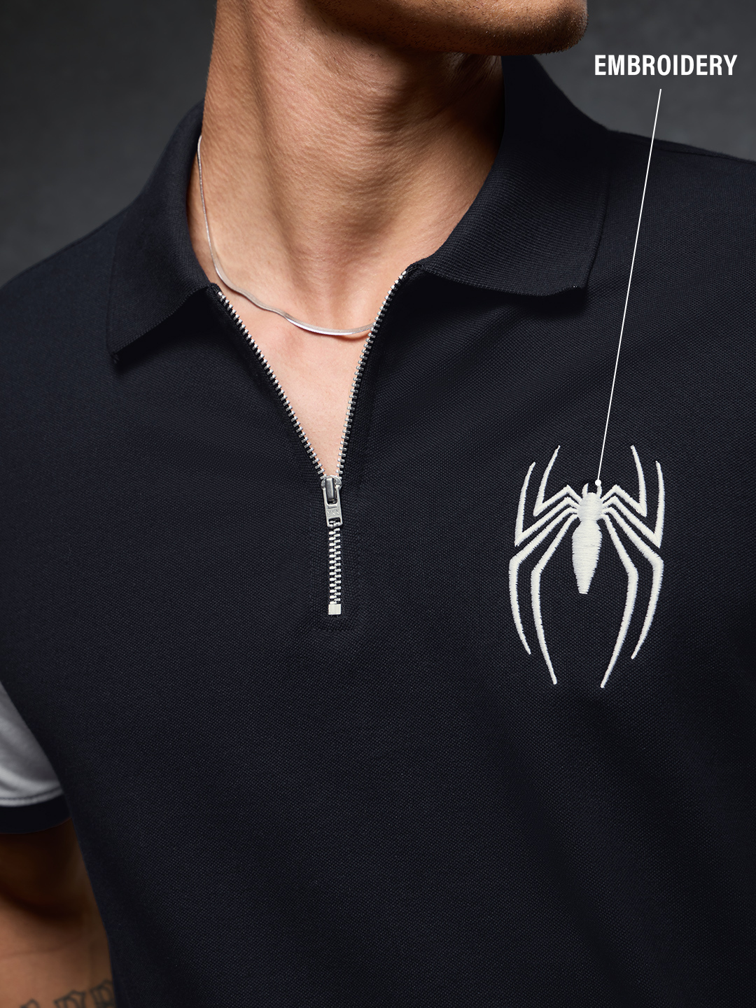Men Spider-Man Embroidered Polo T-Shirt with Zip Detail