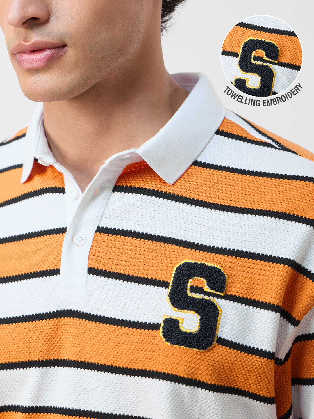 Men Striped Polo T-Shirt with Towelling Embroidery