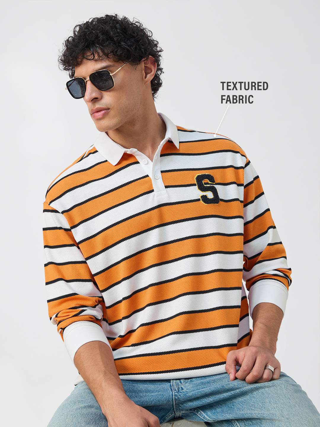 Men Striped Polo T-Shirt with Towelling Embroidery