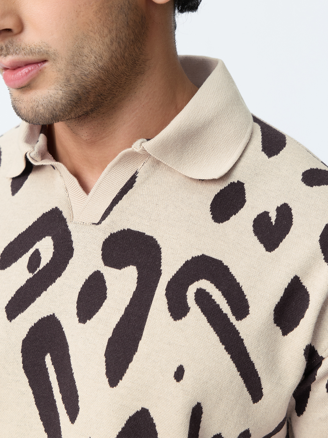 Beige Abstract Print Knit Polo T-Shirt