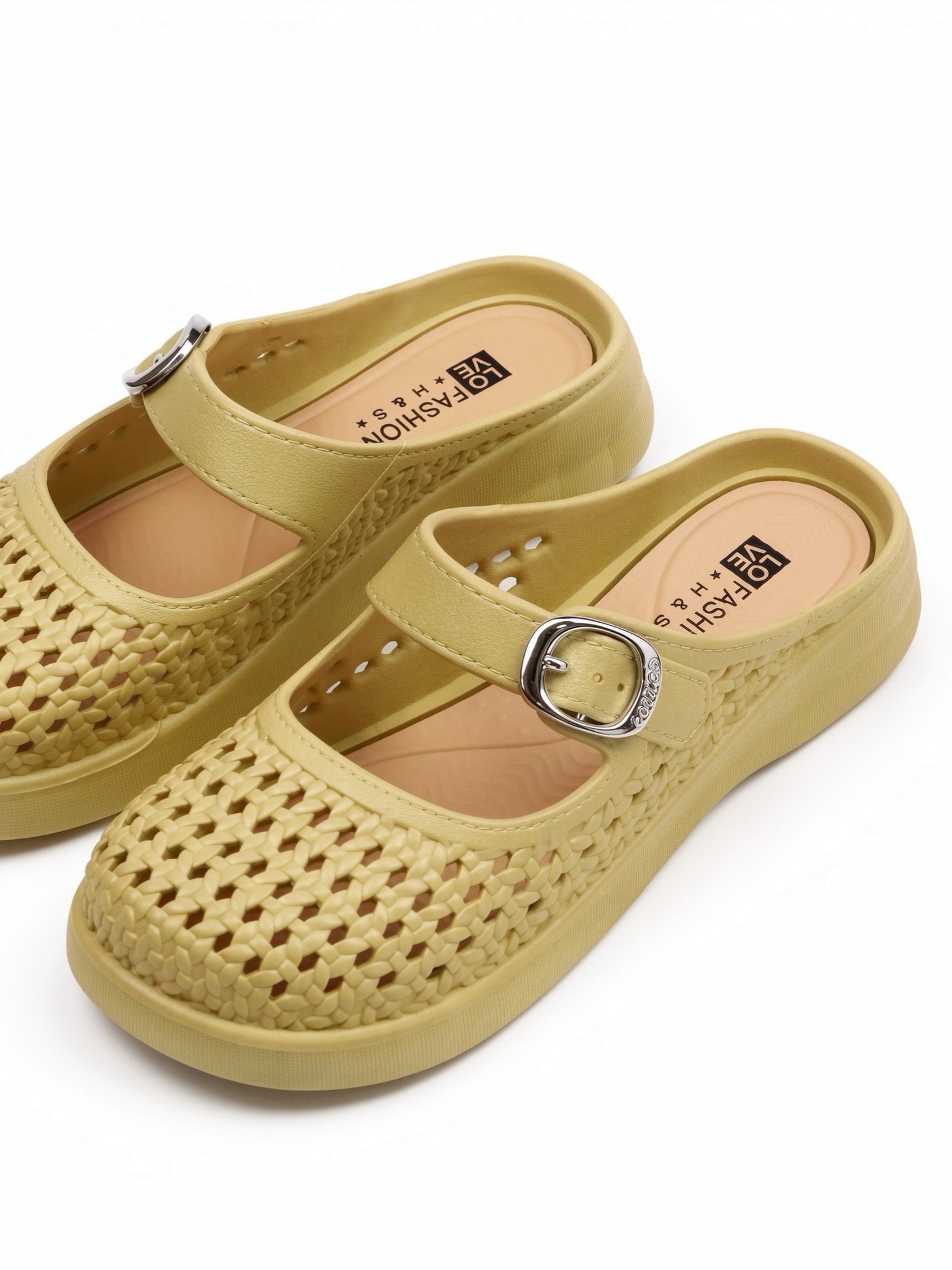 Womens Green Woven Flat Mules - Comfortable and Stylish Slip-On Sandals