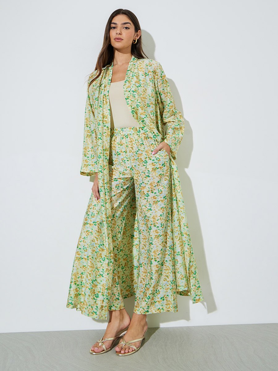 Multi-Color All Over Print Open Front Abaya and Wide Leg Trousers Set
