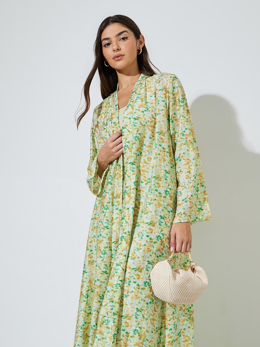 Multi-Color All Over Print Open Front Abaya and Wide Leg Trousers Set