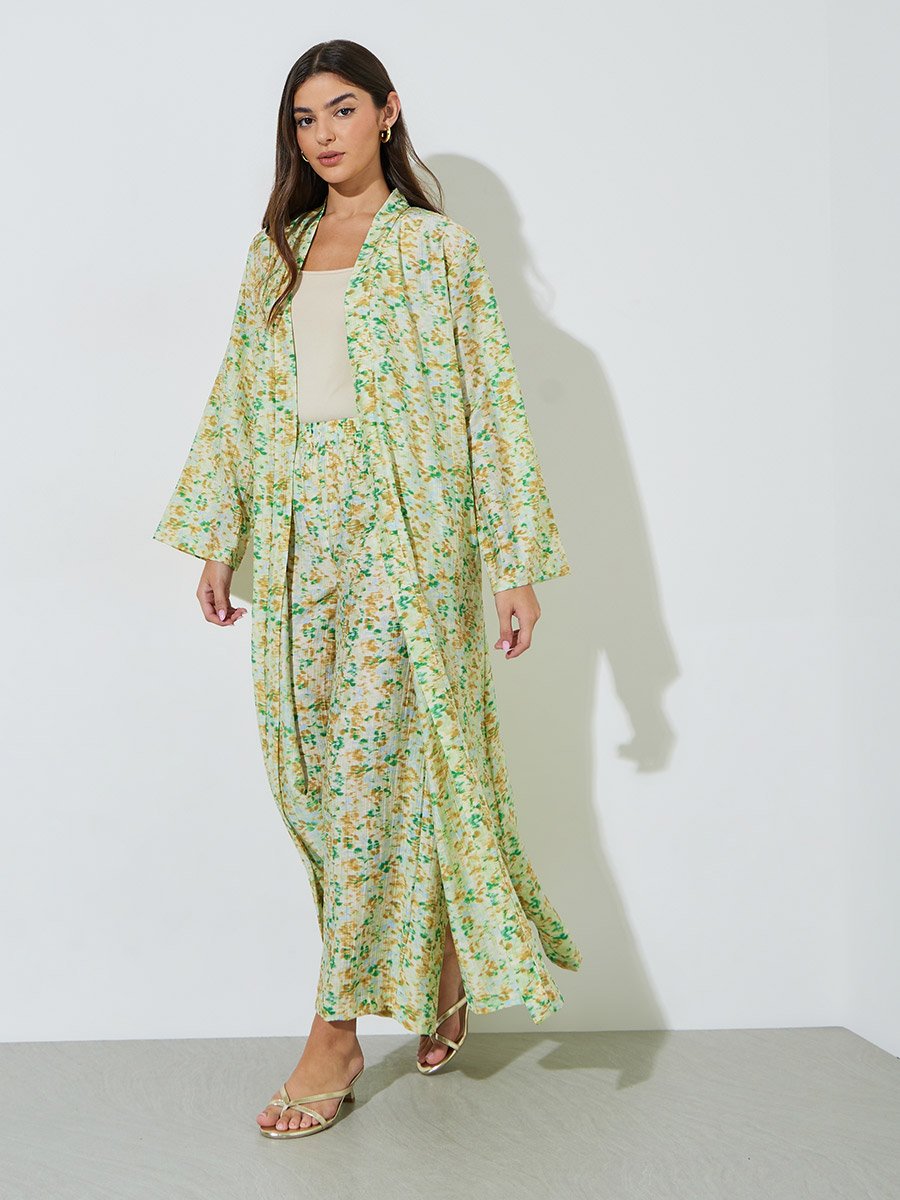 Multi-Color All Over Print Open Front Abaya and Wide Leg Trousers Set