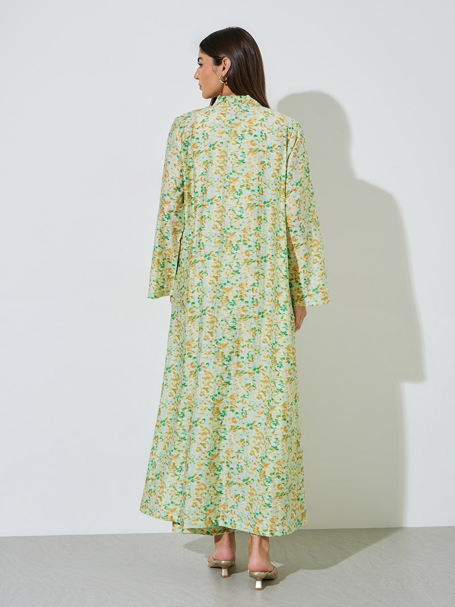 Multi-Color All Over Print Open Front Abaya and Wide Leg Trousers Set