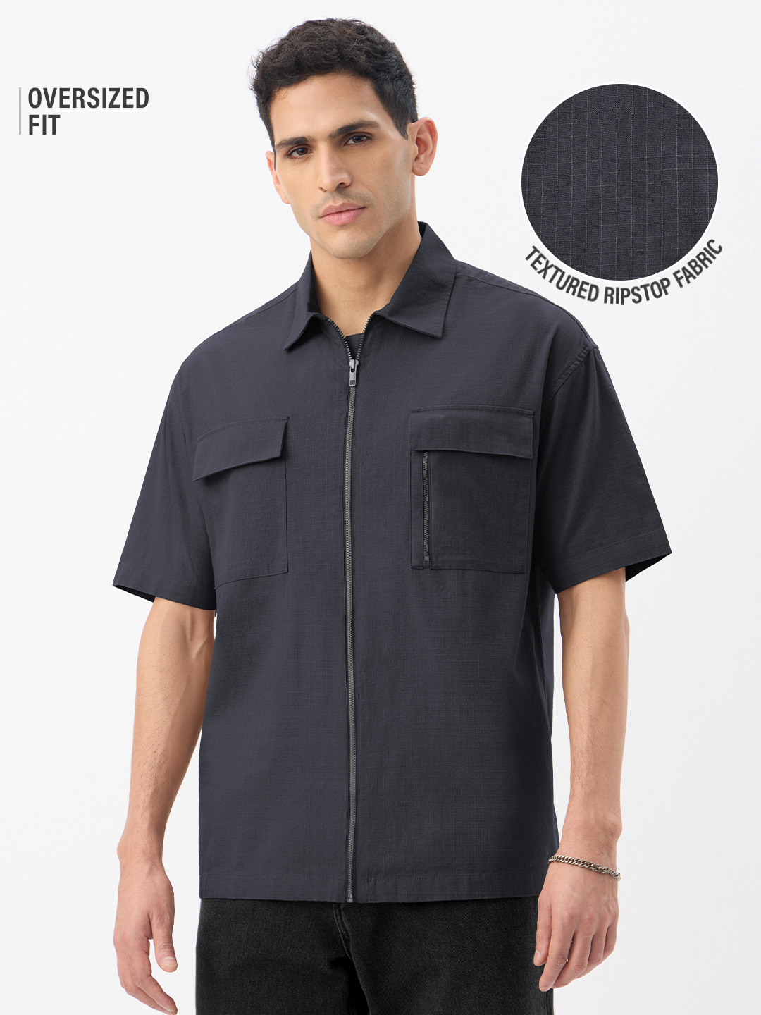 Men Thundercloud Grey Plain Peter Pan Collar Zipper Shirt