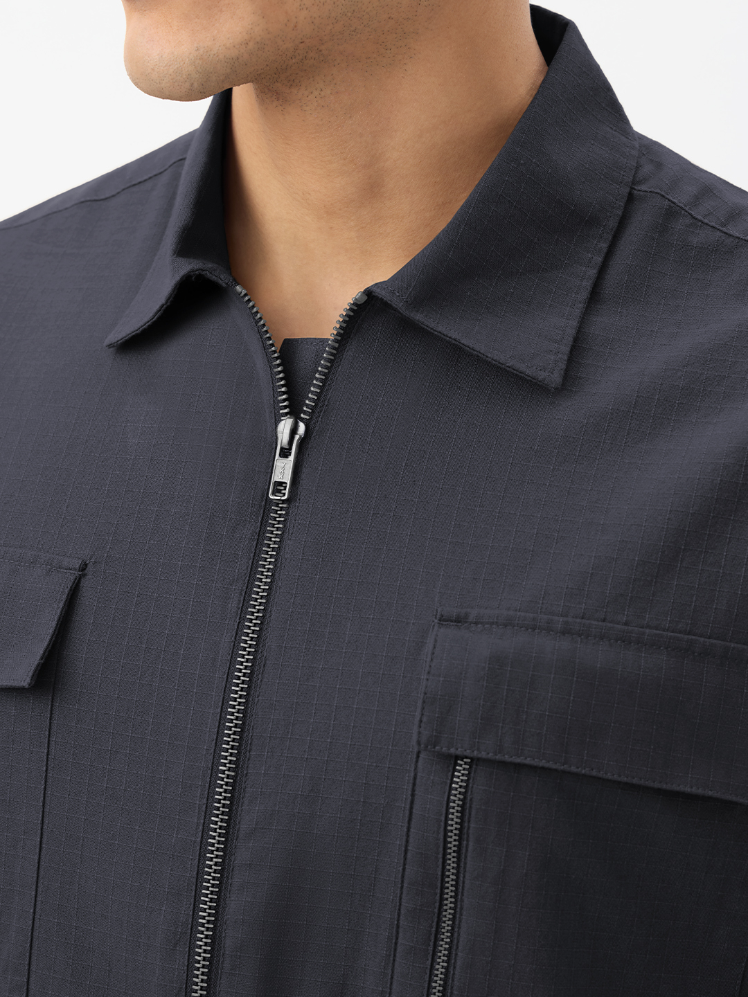 Men Thundercloud Grey Plain Peter Pan Collar Zipper Shirt