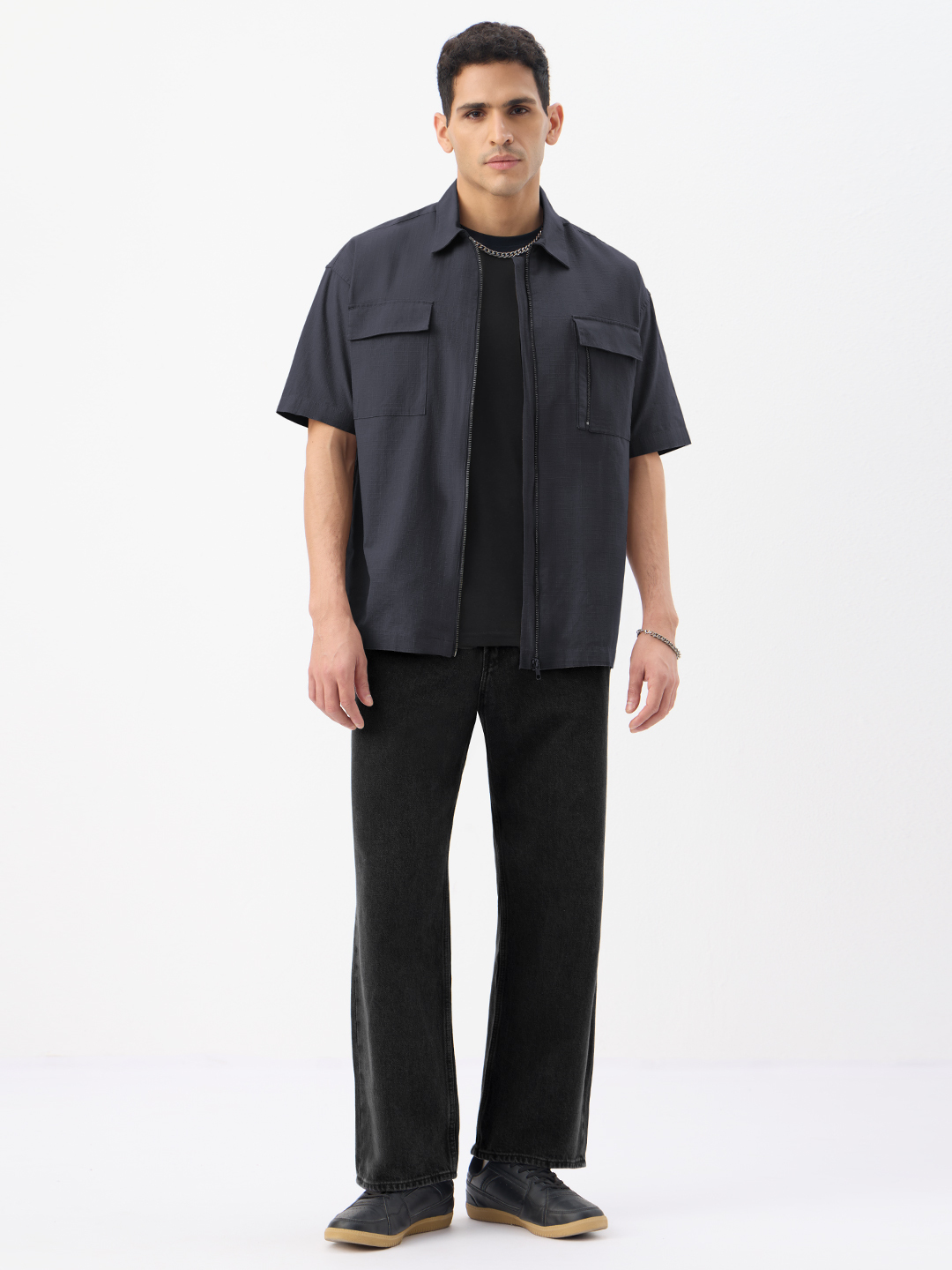 Men Thundercloud Grey Plain Peter Pan Collar Zipper Shirt