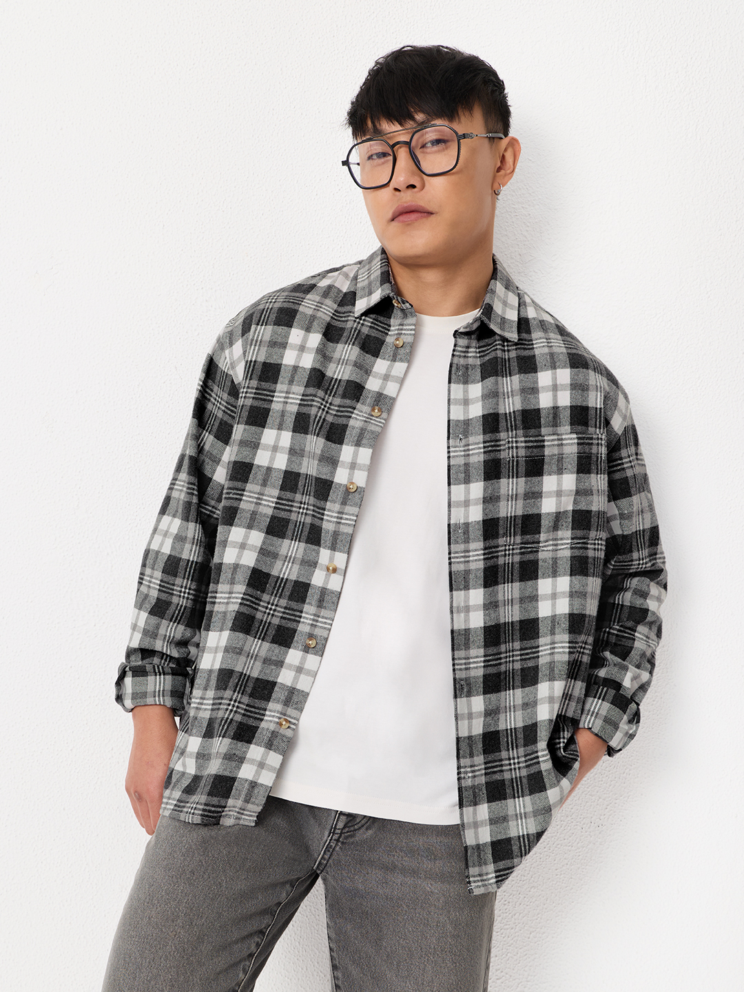 Men Multi-Check Spread Collar Shirt