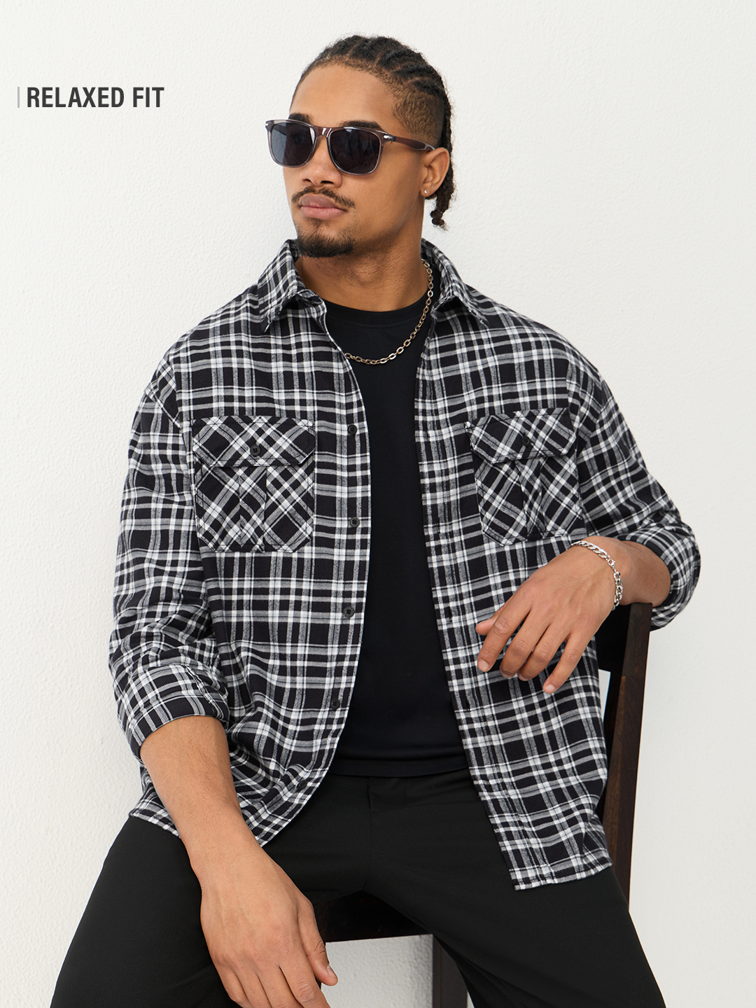Men Black Checked Spread Collar Relaxed Fit Shirt