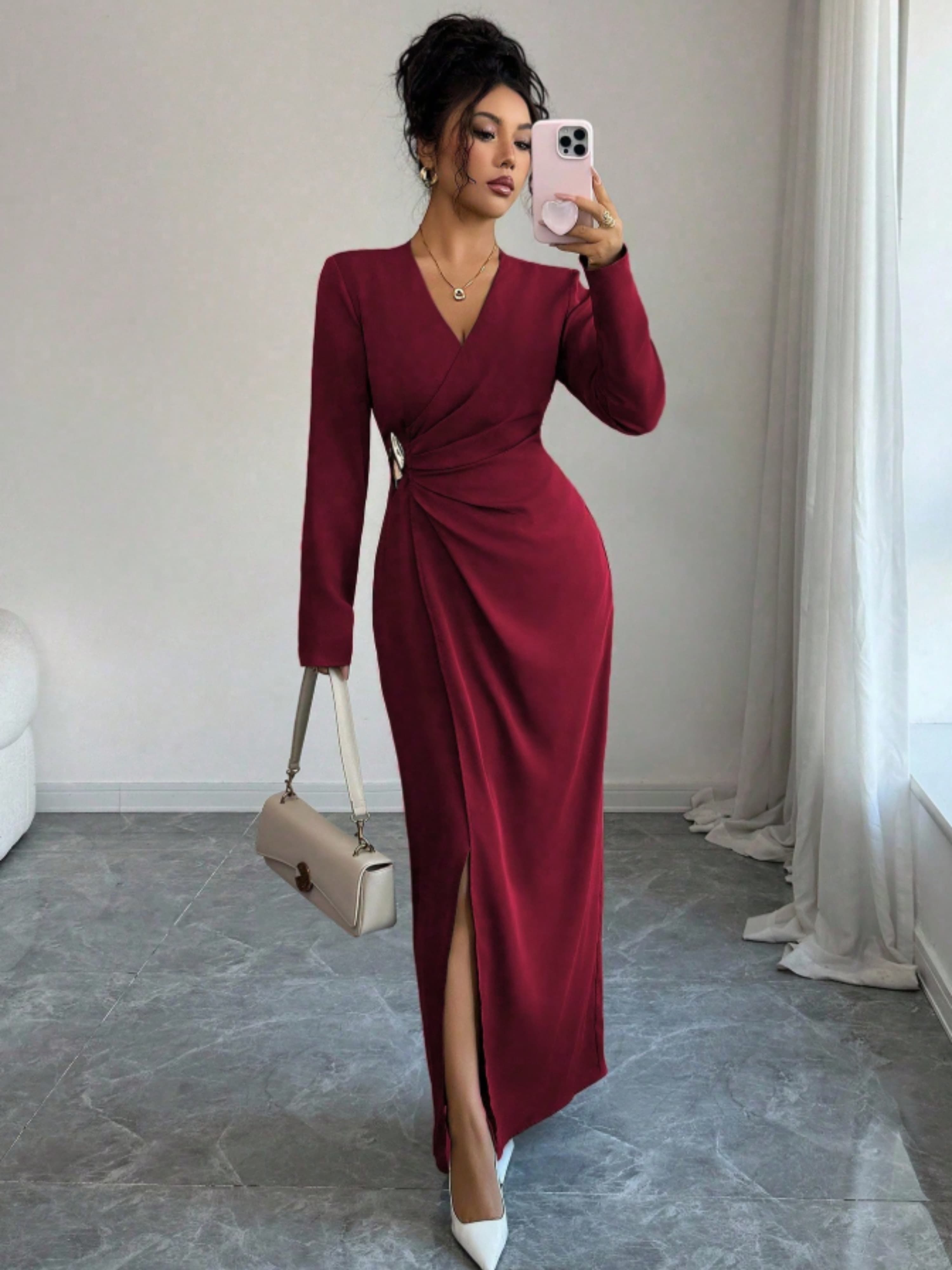 Burgundy Embellished A-Line Maxi Dress with Long Sleeves