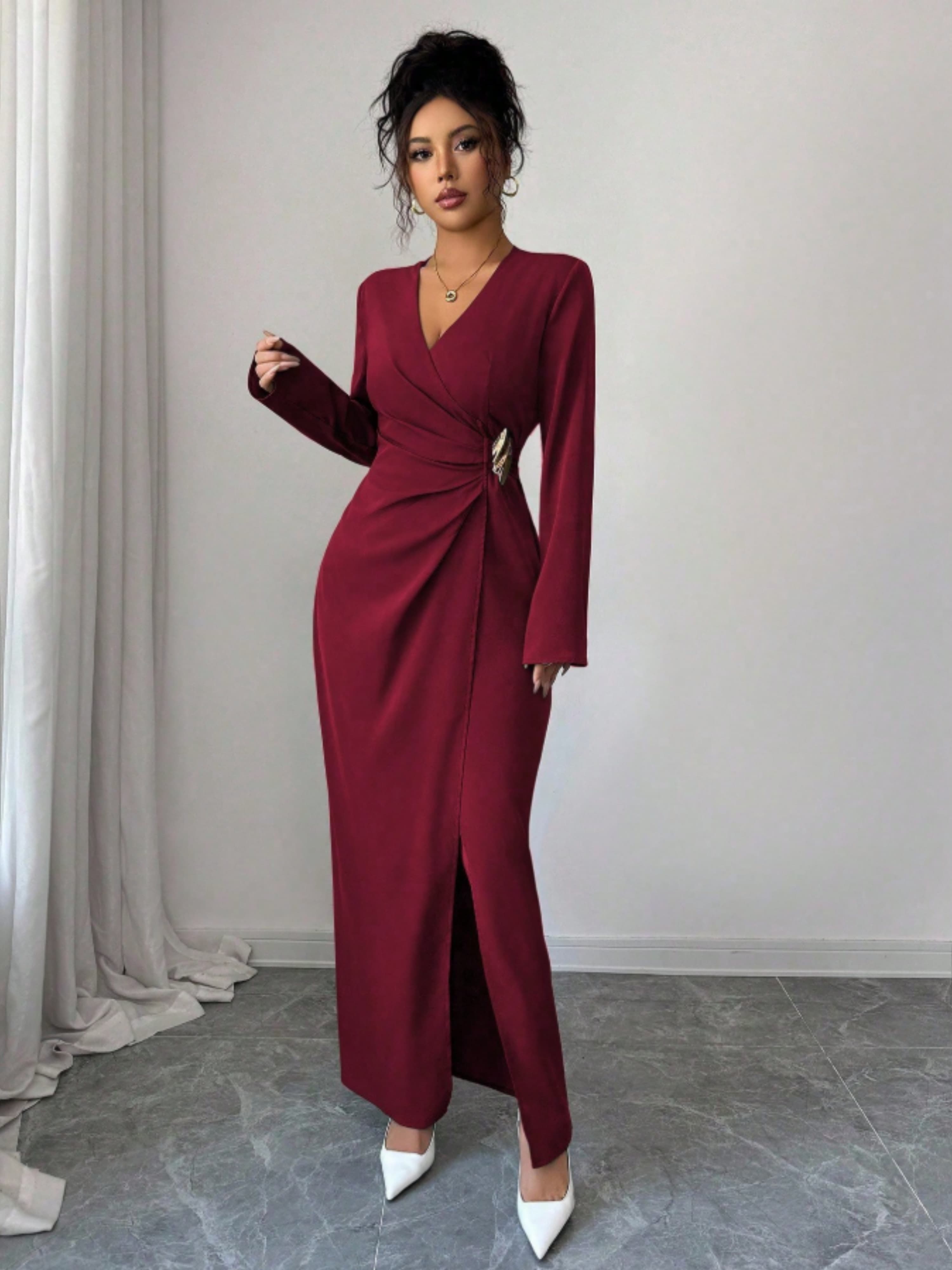 Burgundy Embellished A-Line Maxi Dress with Long Sleeves