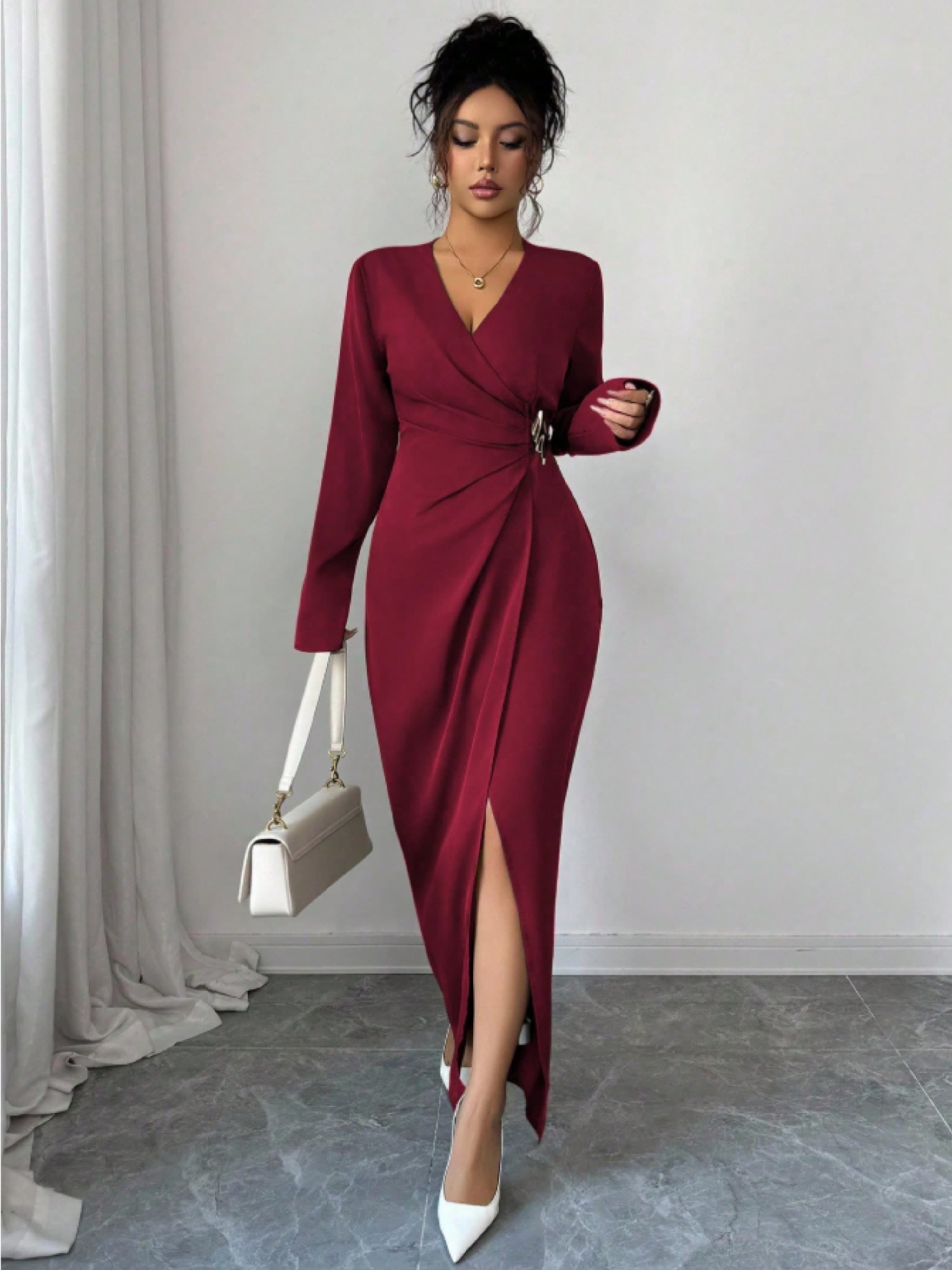 Burgundy Embellished A-Line Maxi Dress with Long Sleeves