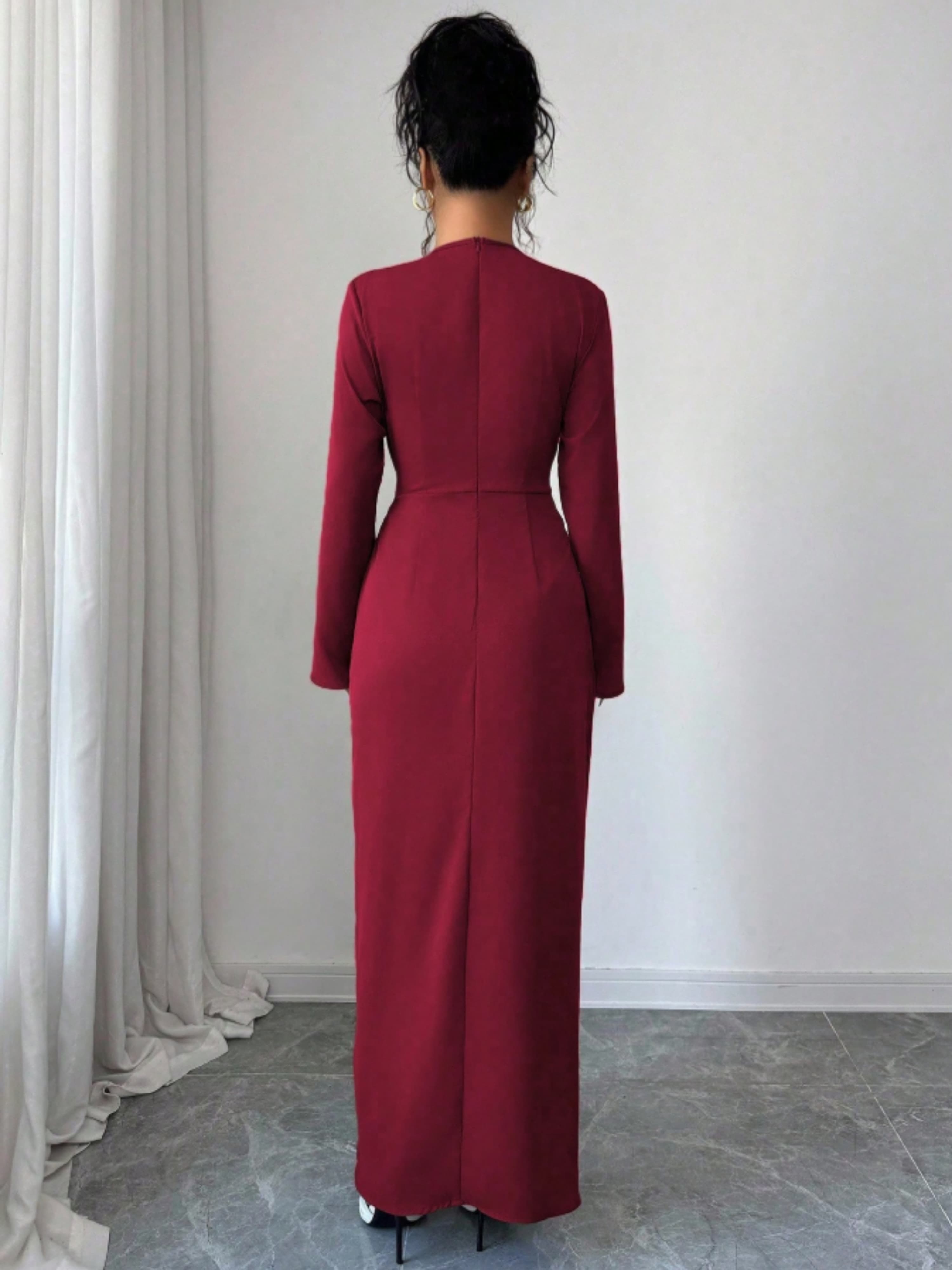 Burgundy Embellished A-Line Maxi Dress with Long Sleeves