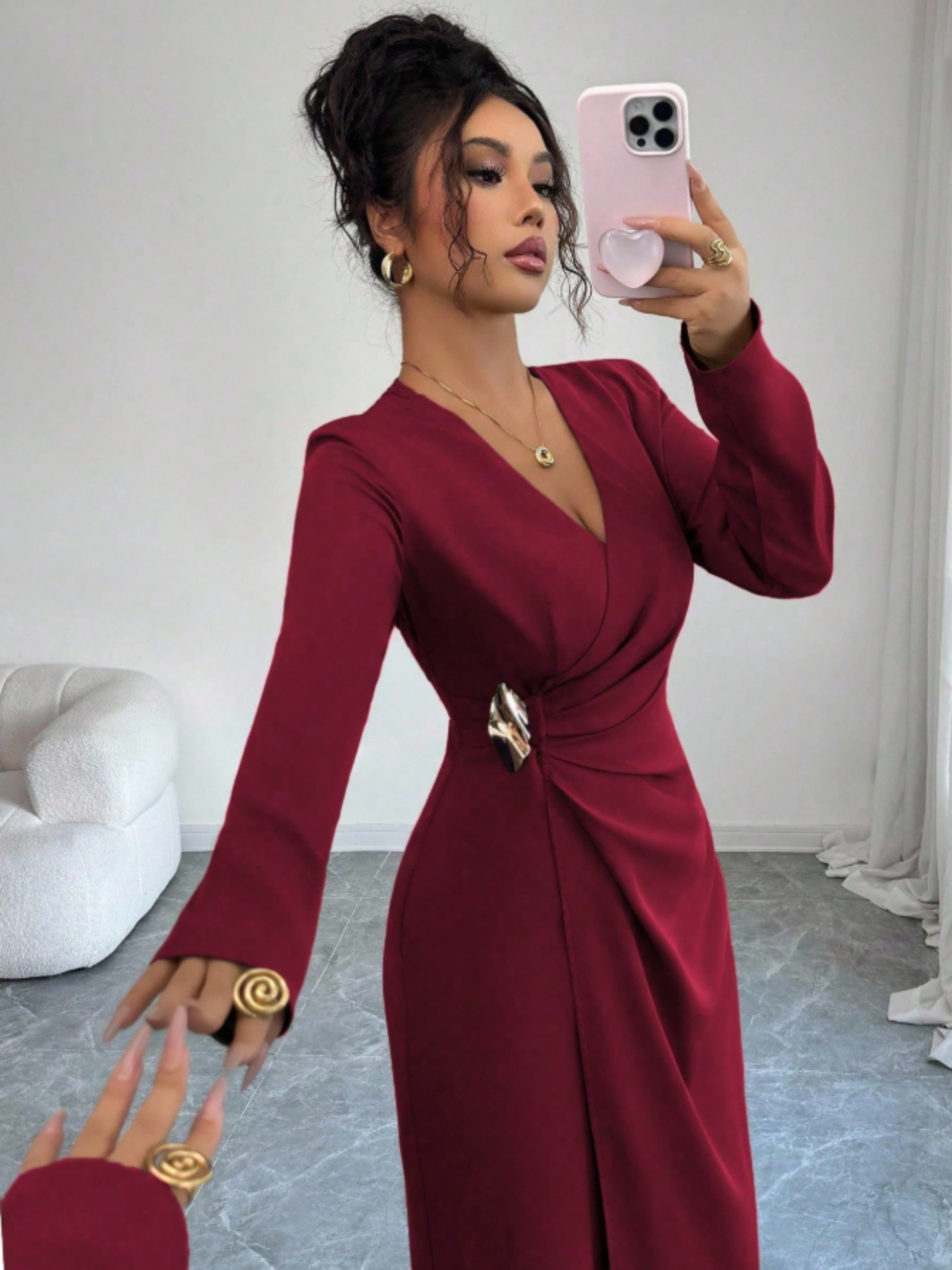 Burgundy Embellished A-Line Maxi Dress with Long Sleeves