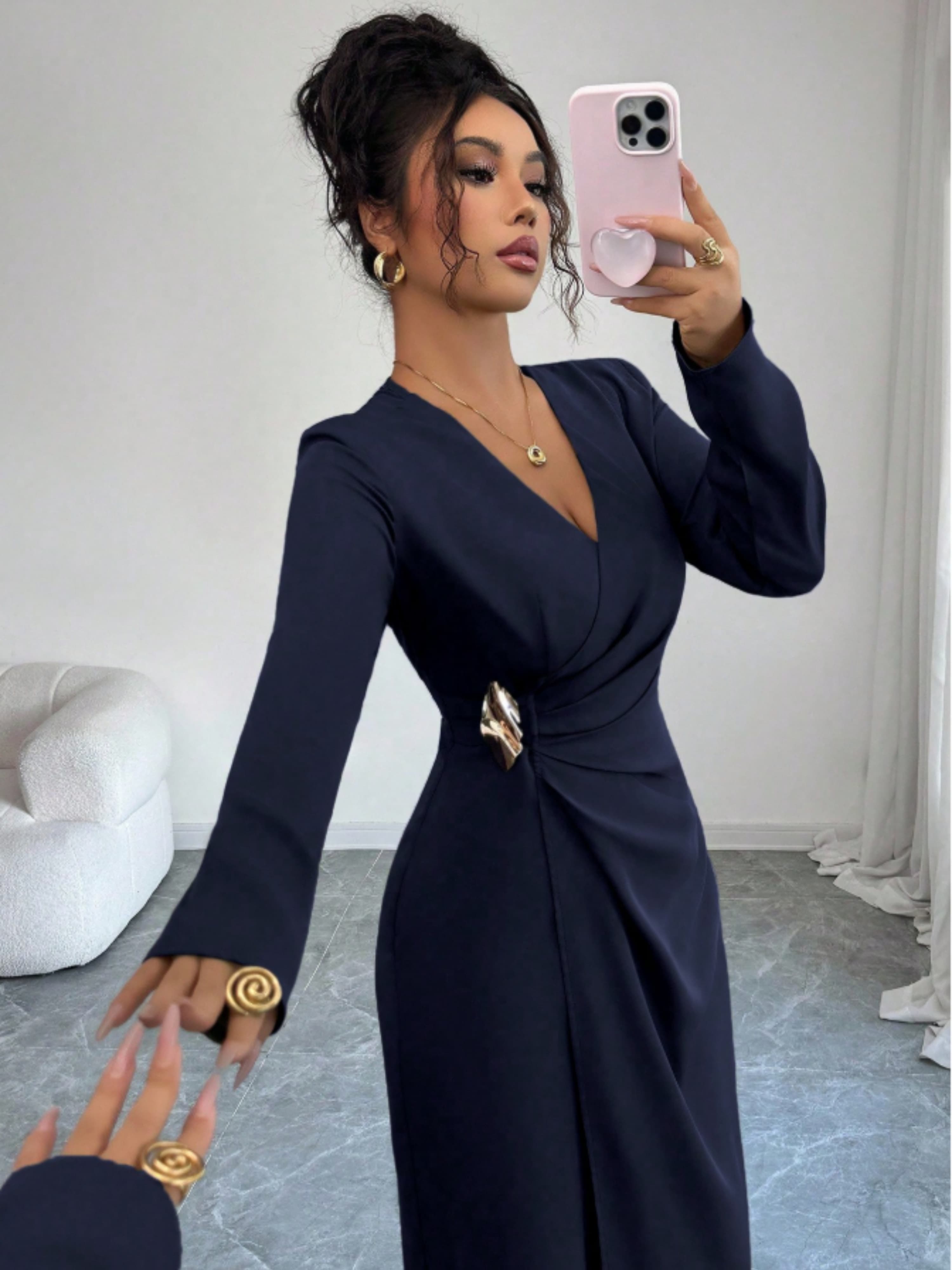 Navy Blue Embellished A-Line Maxi Dress with Long Sleeves