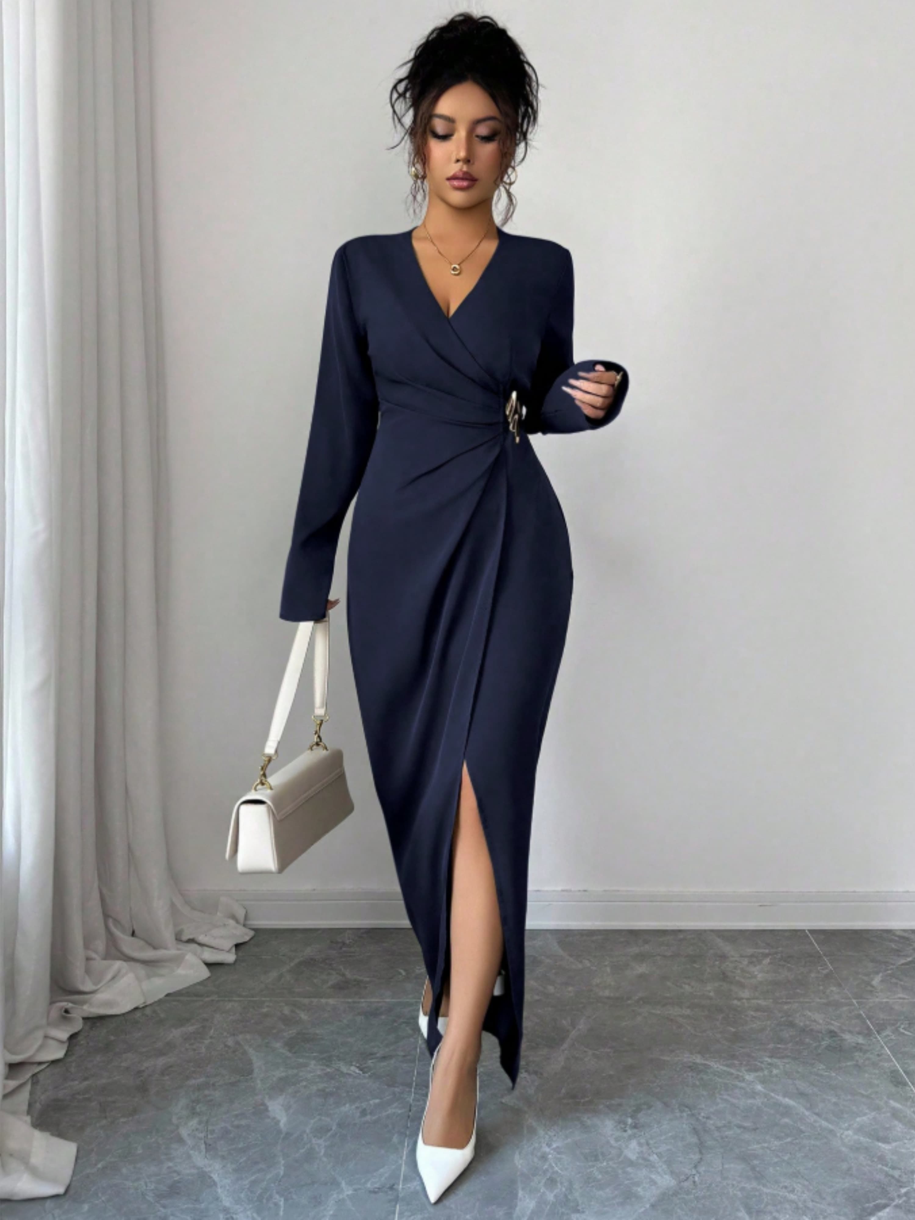 Navy Blue Embellished A-Line Maxi Dress with Long Sleeves