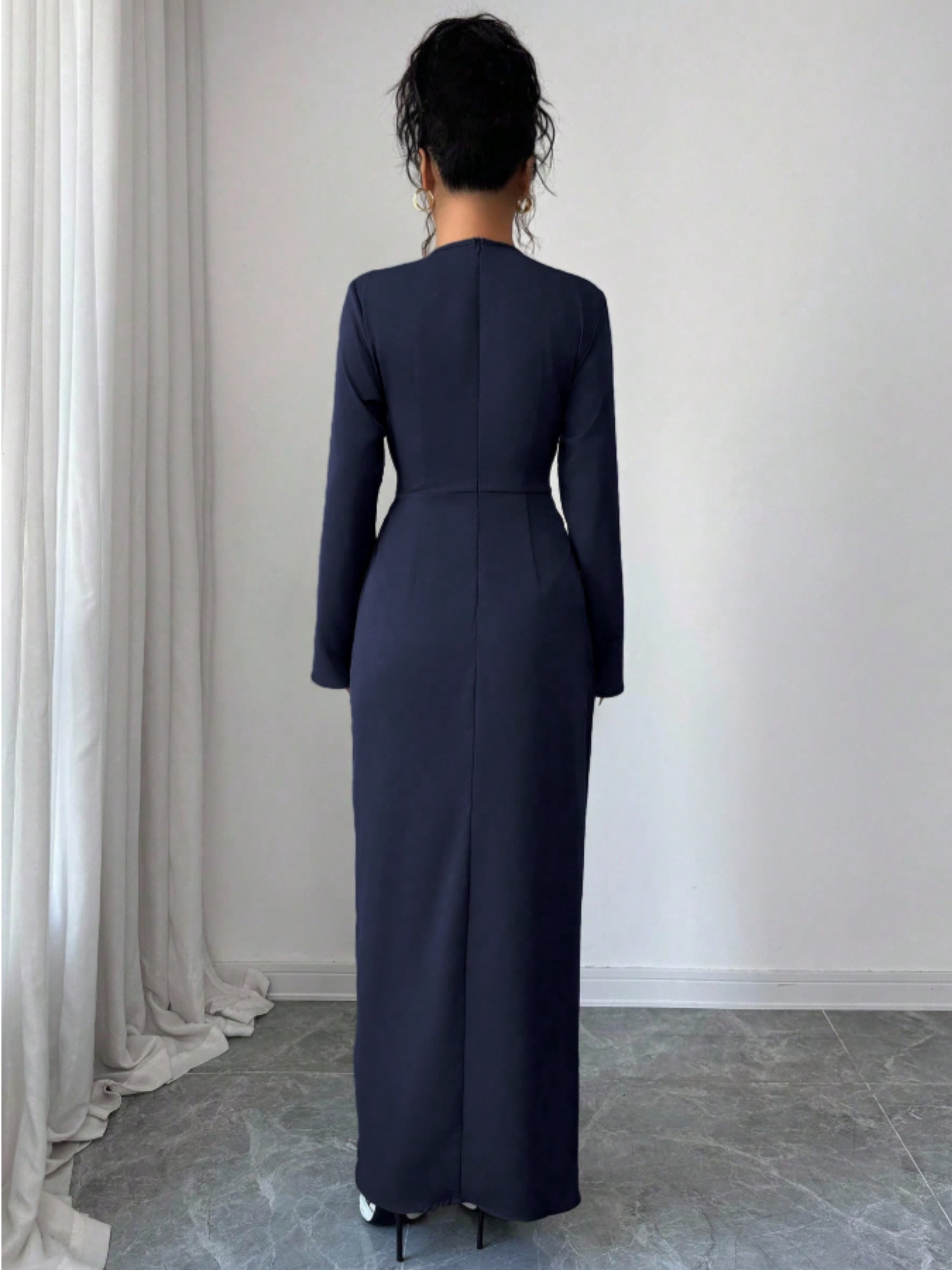 Navy Blue Embellished A-Line Maxi Dress with Long Sleeves