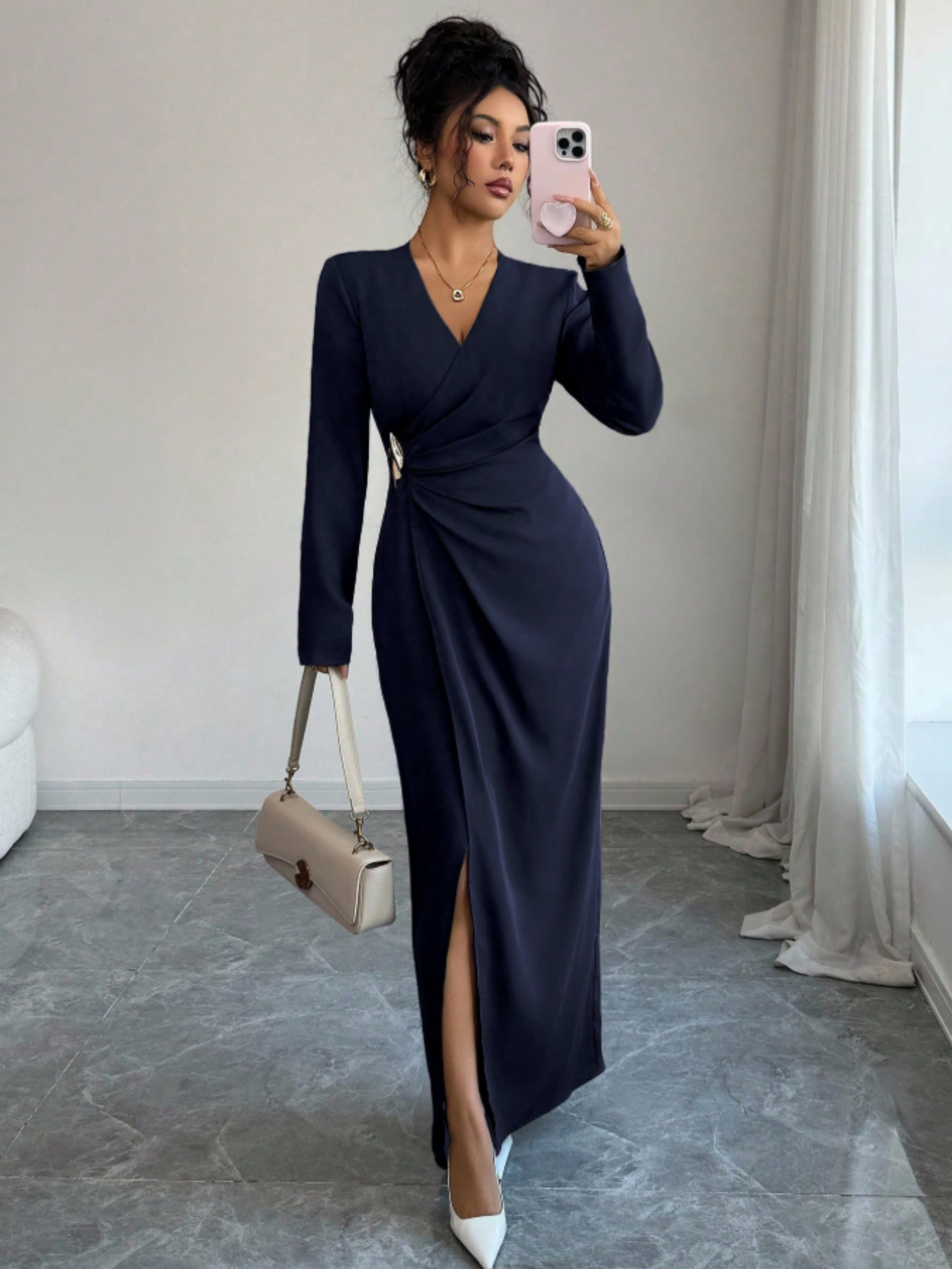 Navy Blue Embellished A-Line Maxi Dress with Long Sleeves