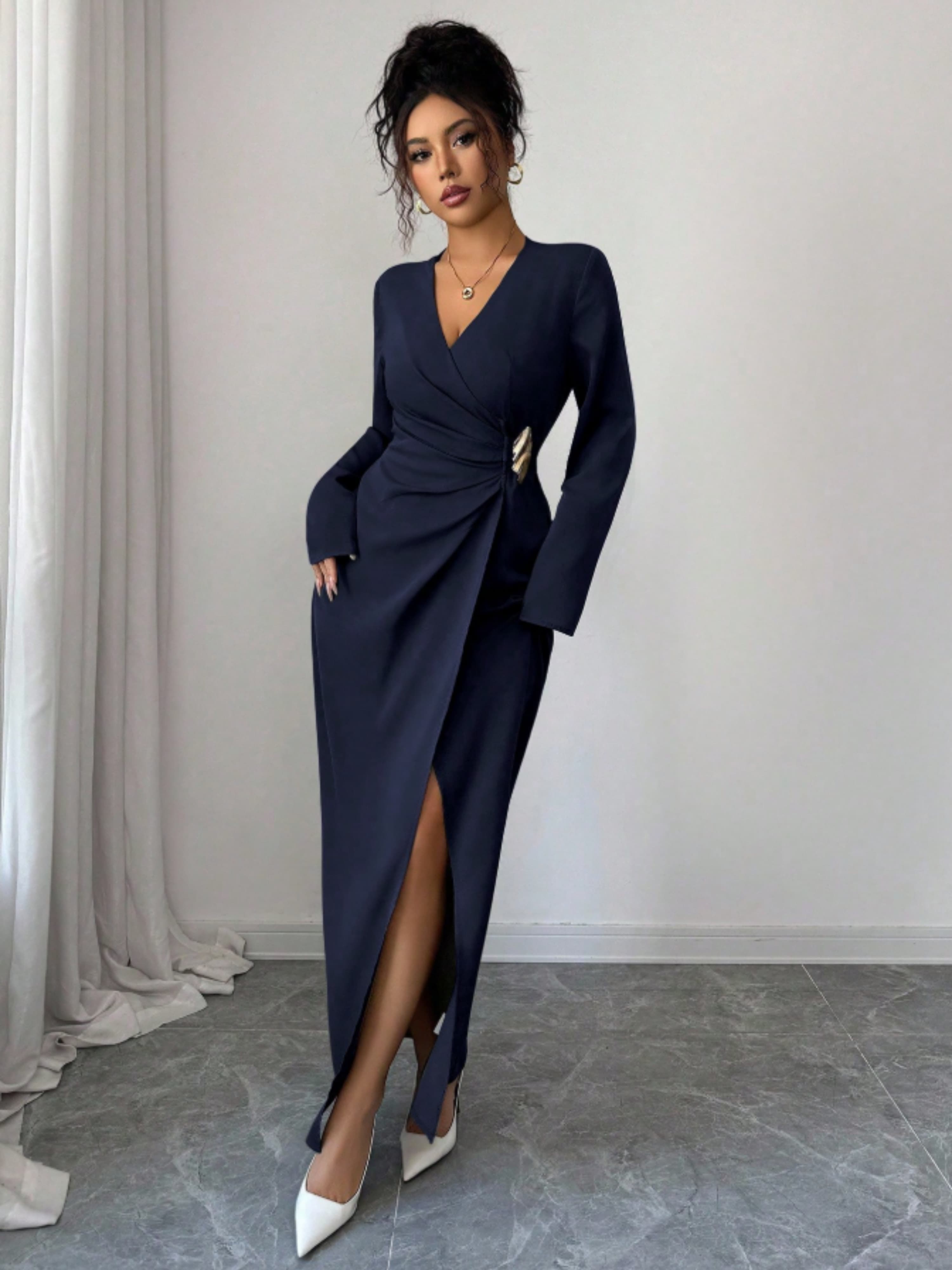 Navy Blue Embellished A-Line Maxi Dress with Long Sleeves