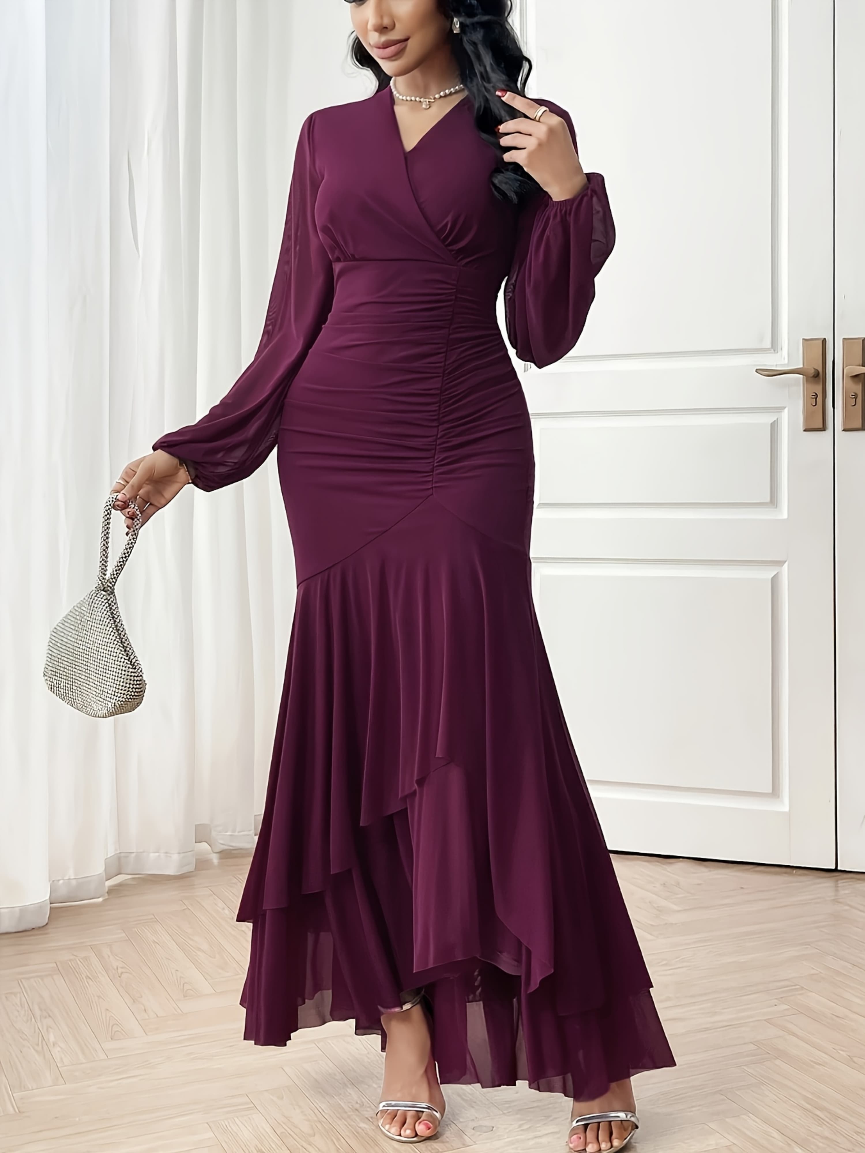 Purple Long Sleeve Bodycon Maxi Dress