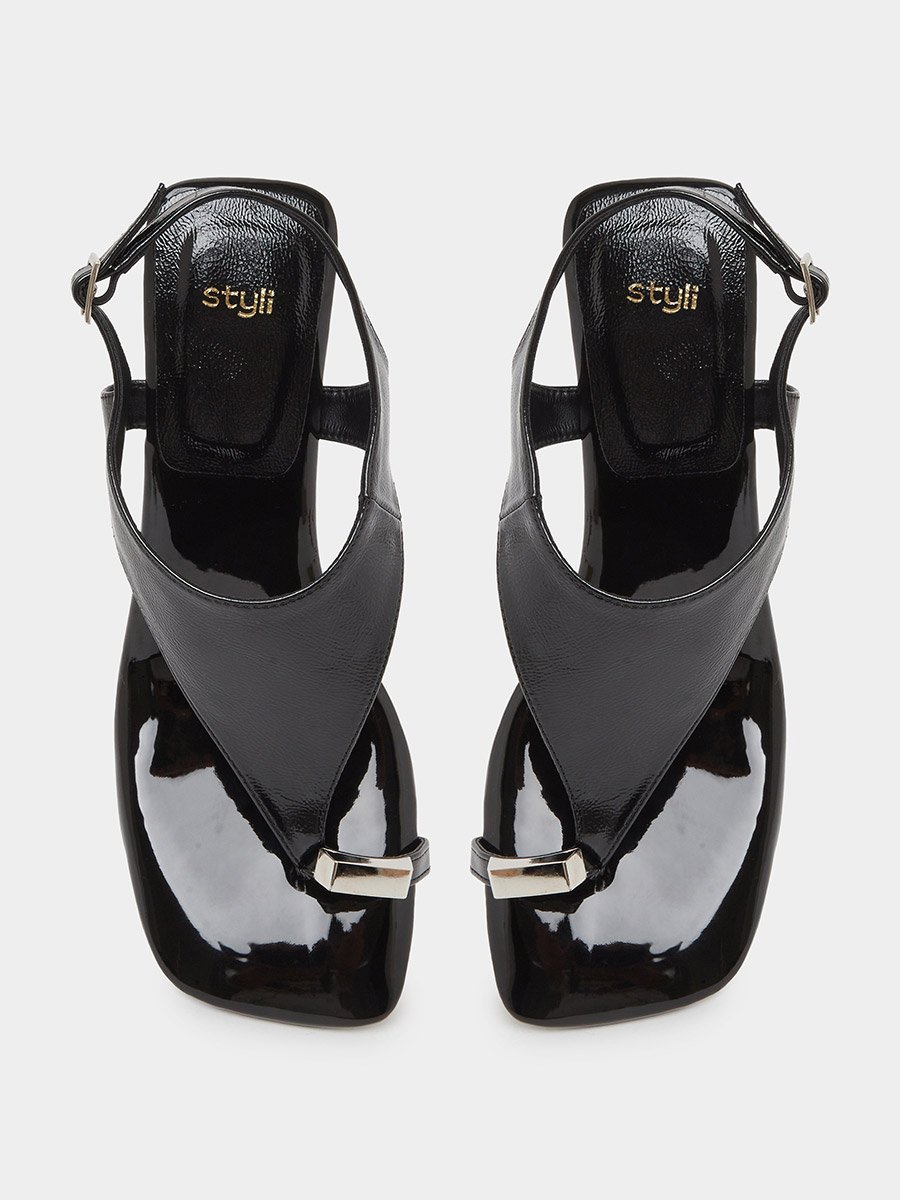 Patent Mid Heel Toe Post Sandals