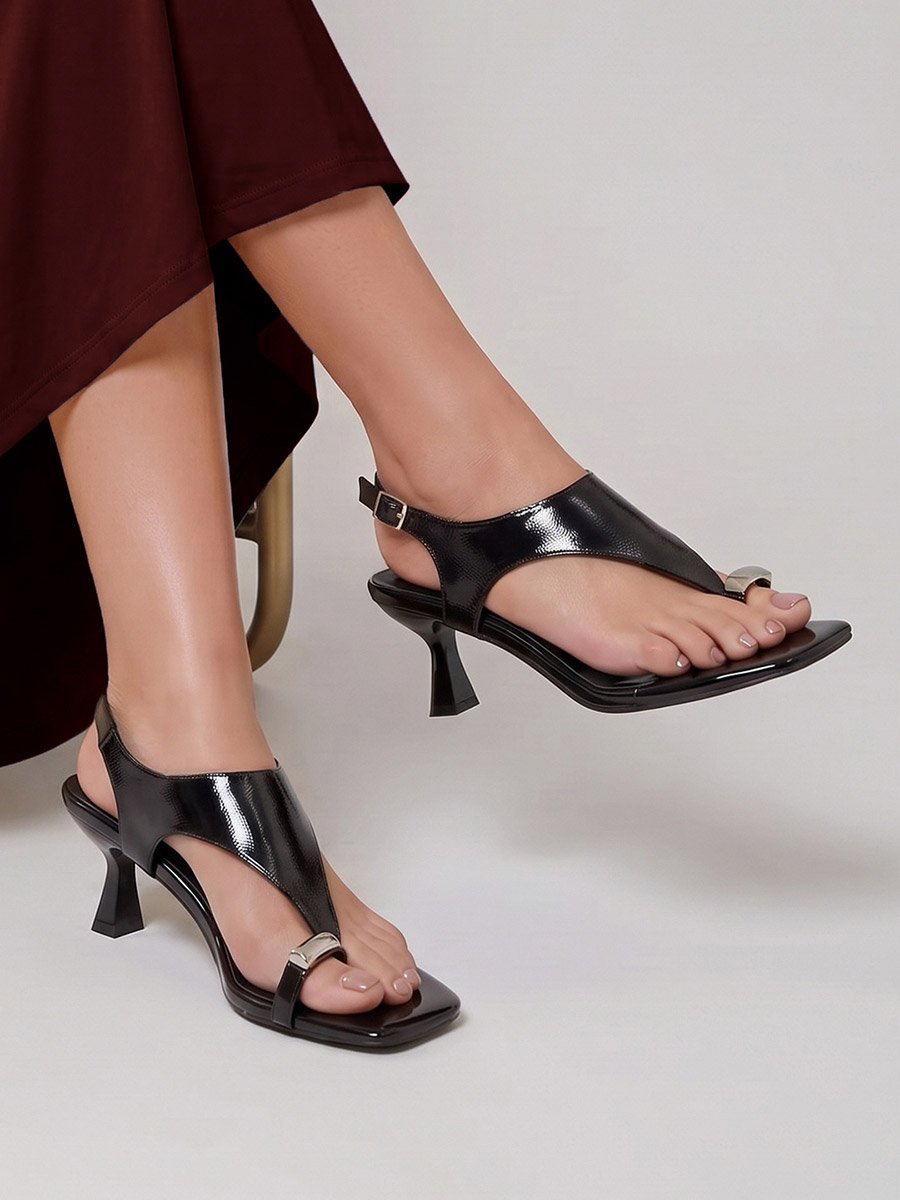 Patent Mid Heel Toe Post Sandals