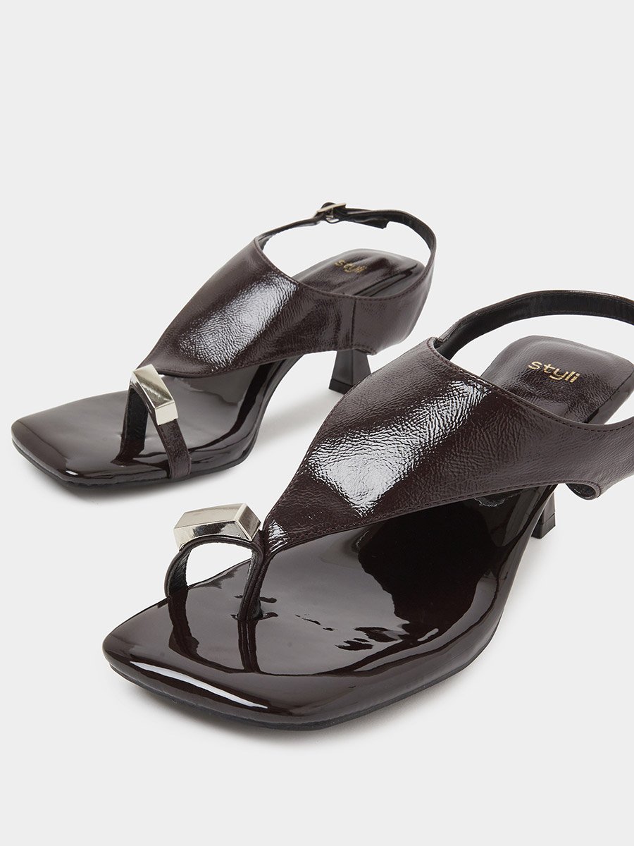 Patent Mid Heel Toe Post Sandals