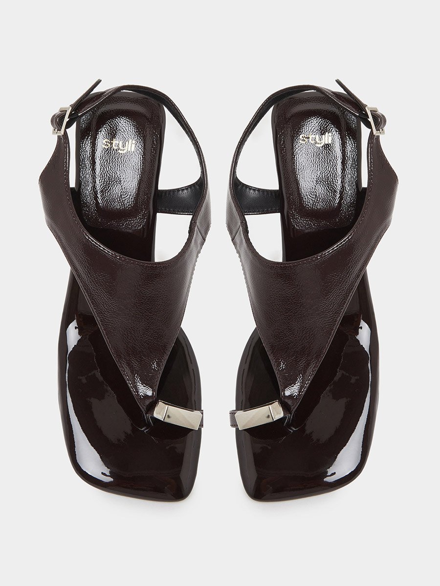 Patent Mid Heel Toe Post Sandals
