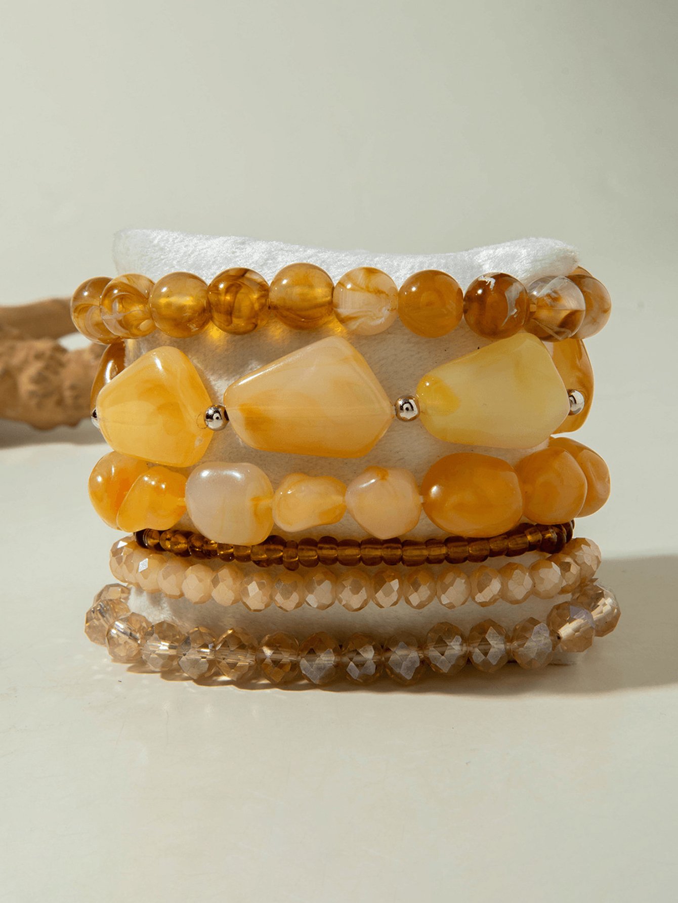 Amber and Brown Beaded Elastic Bracelets - 6-Piece Set.