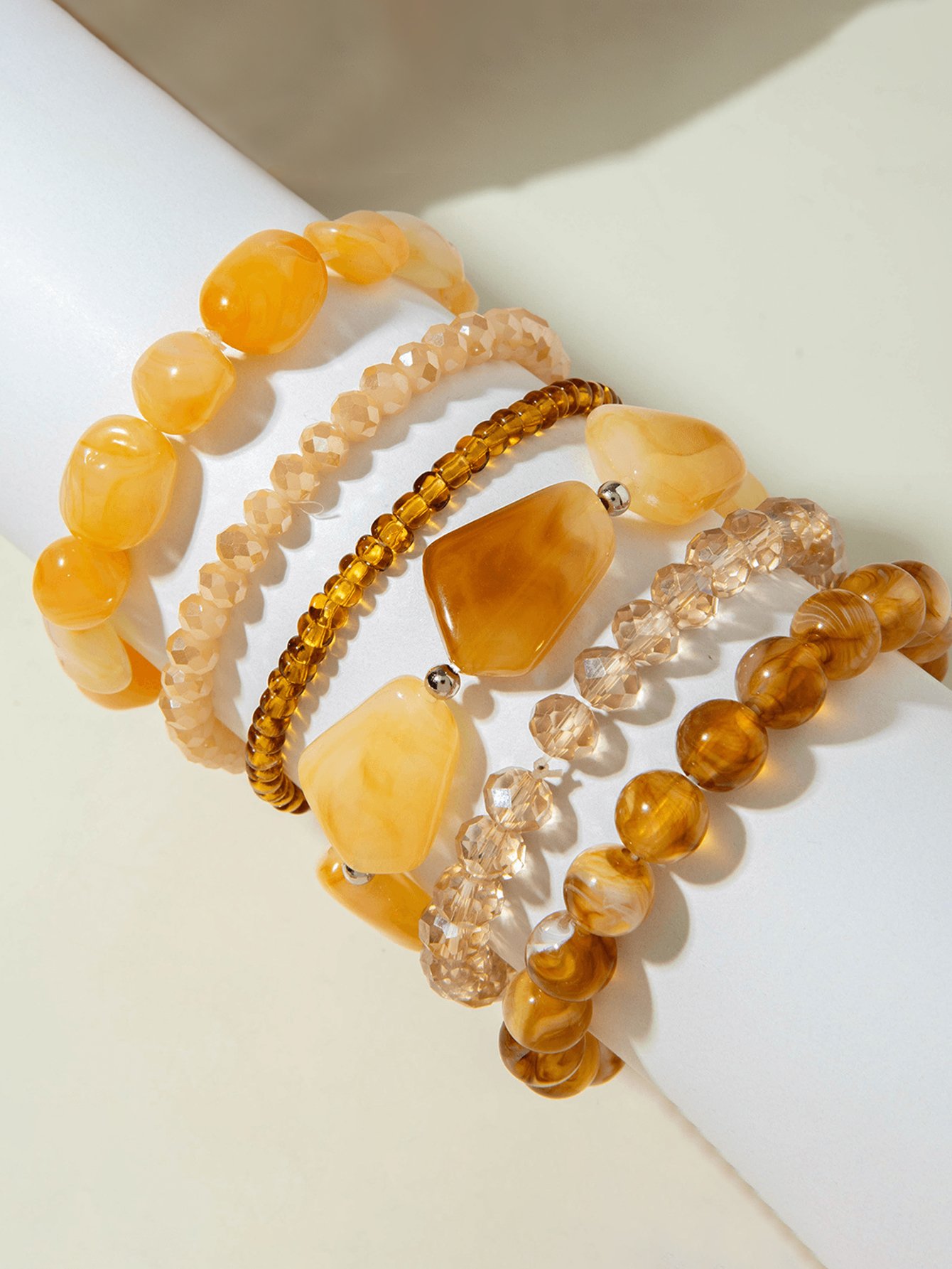 Amber and Brown Beaded Elastic Bracelets - 6-Piece Set.