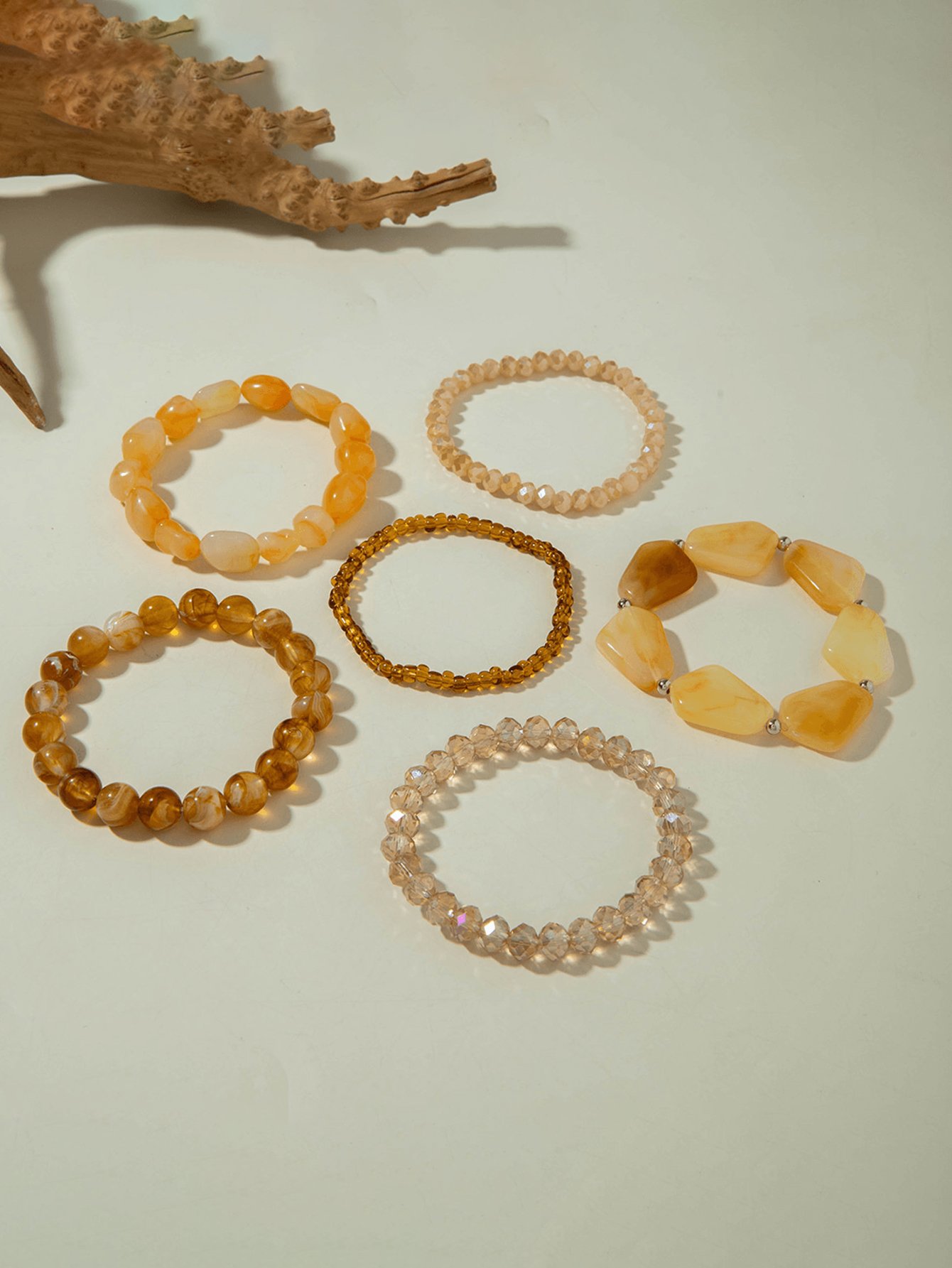 Amber and Brown Beaded Elastic Bracelets - 6-Piece Set.