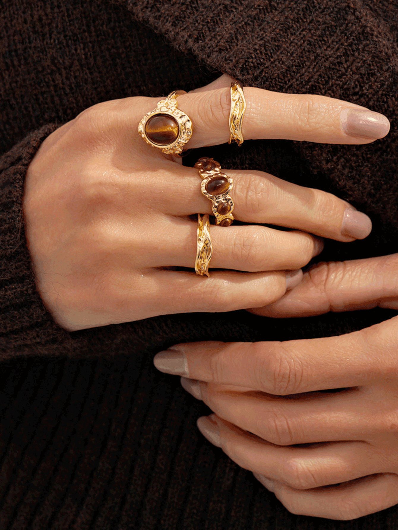 Golden Tigers Eye Ring Set - Everyday Wear (4-Piece).