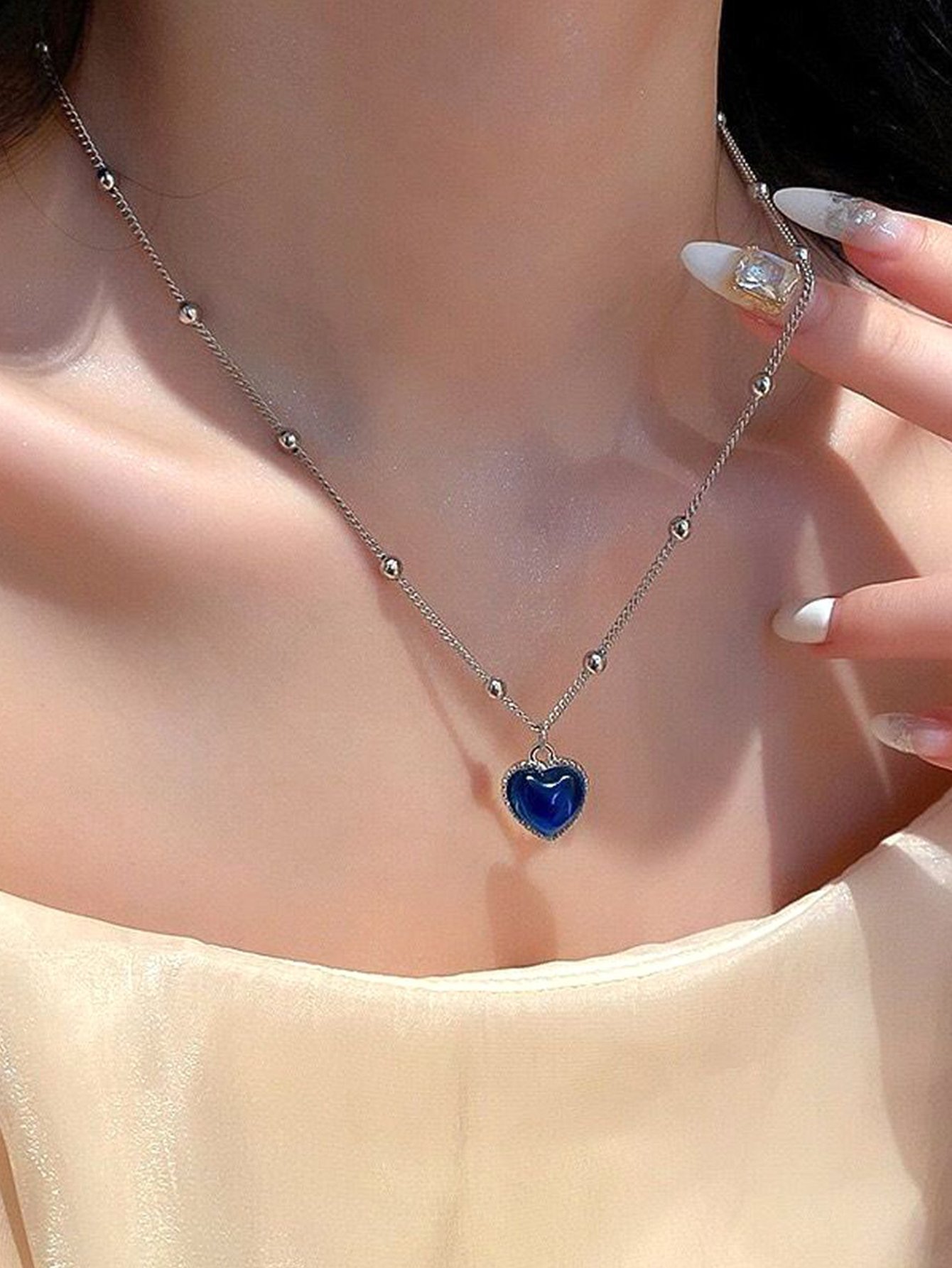 Silver Beaded Chain Necklace with Blue Heart Pendant