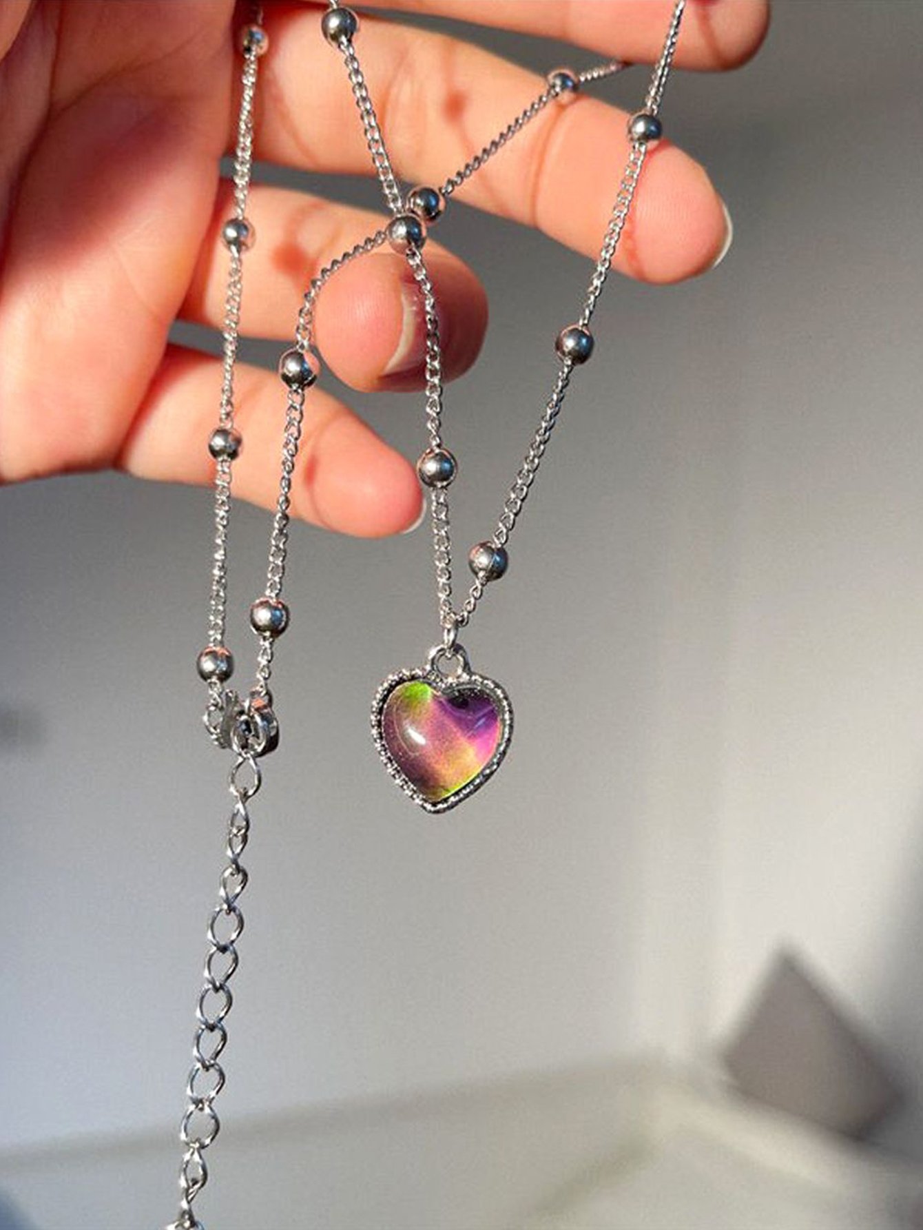 Silver Beaded Chain Necklace with Blue Heart Pendant