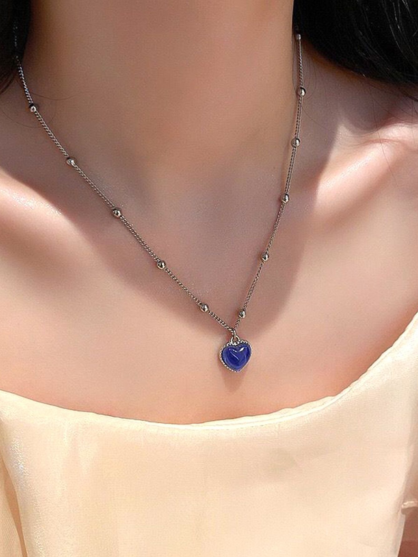 Silver Beaded Chain Necklace with Blue Heart Pendant