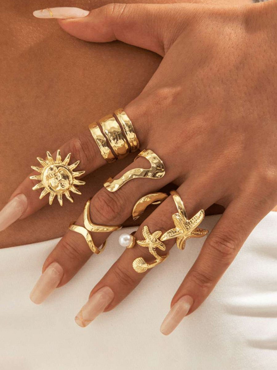 Golden Casual Ring Set with Sun and Starfish Designs