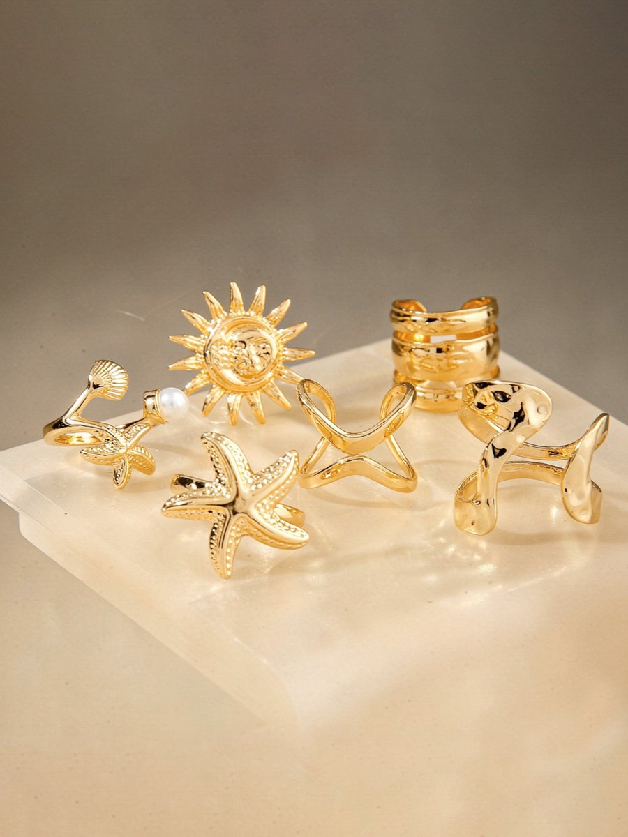 Golden Casual Ring Set with Sun and Starfish Designs