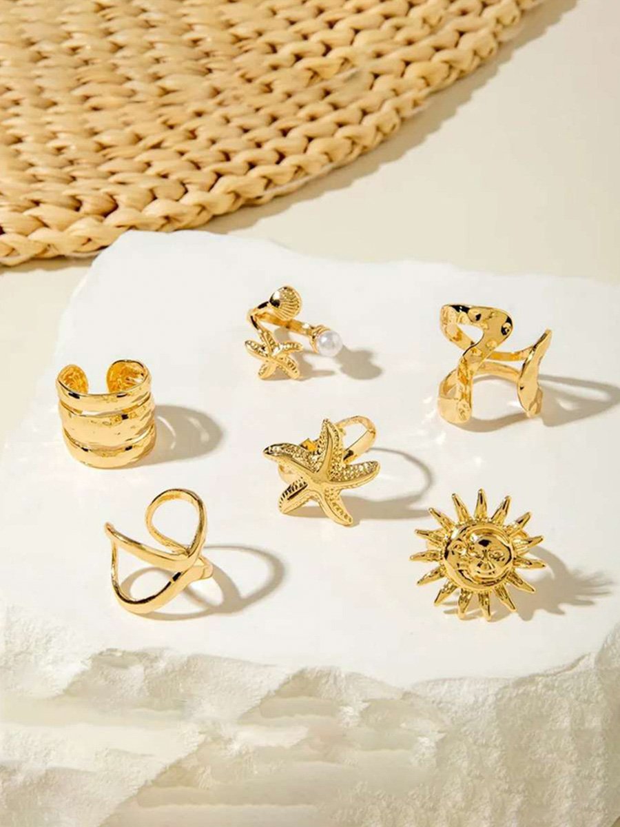 Golden Casual Ring Set with Sun and Starfish Designs
