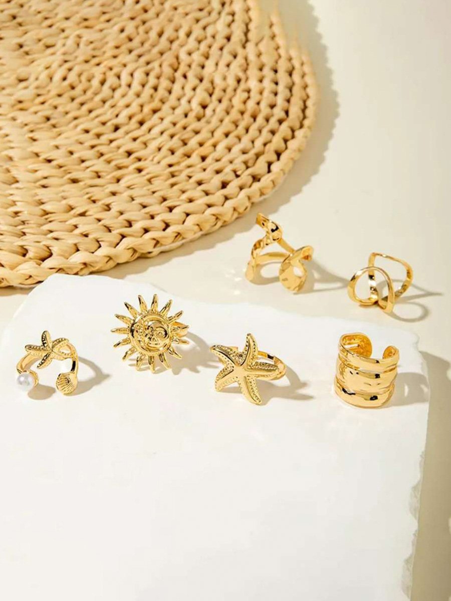 Golden Casual Ring Set with Sun and Starfish Designs