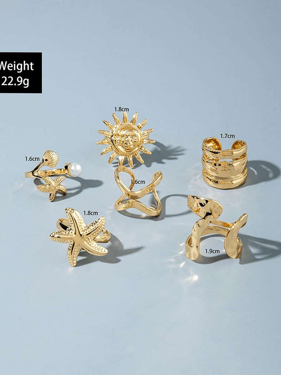 Golden Casual Ring Set with Sun and Starfish Designs