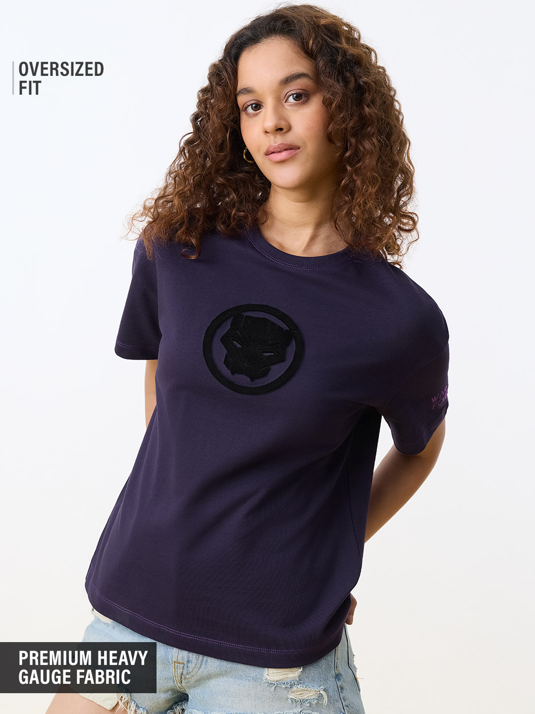 Purple Black Panther Oversized T-Shirt with Short Sleeve and Round Neck