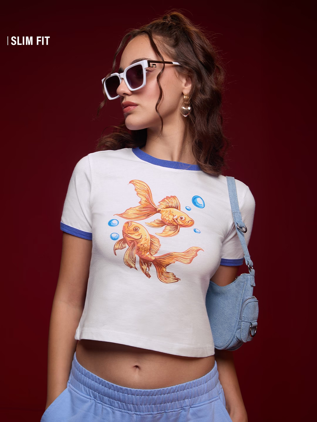 White Goldfish Print Crop Top T-Shirt