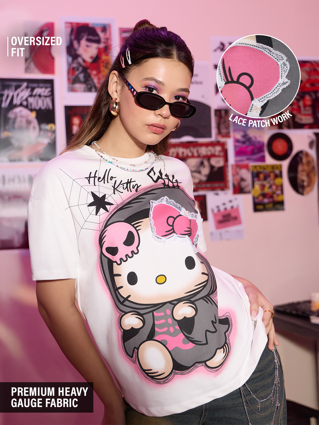 Hello Kitty Spooky Cute Graphic Oversized White T-Shirt