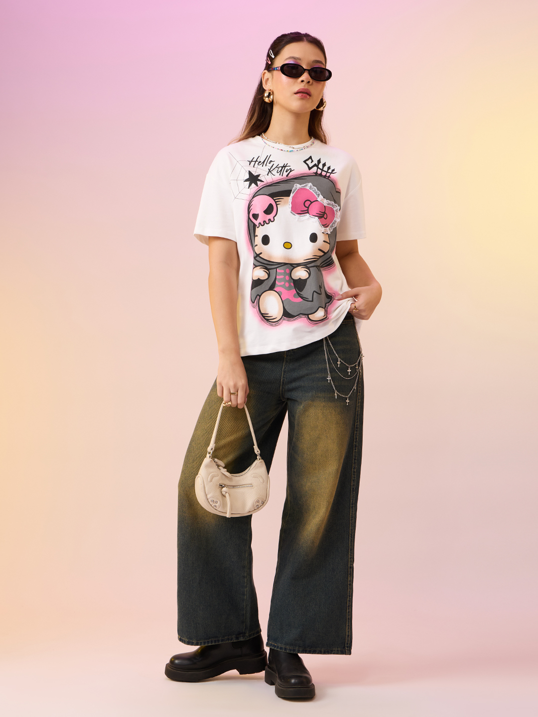 Hello Kitty Spooky Cute Graphic Oversized White T-Shirt